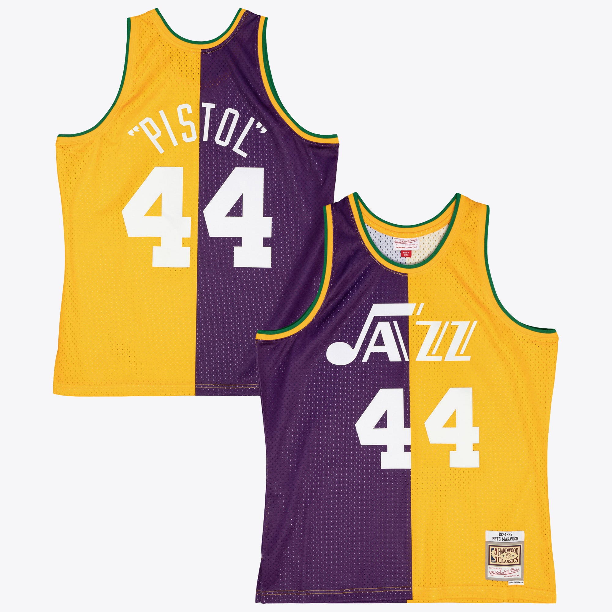 Camiseta Split Swingman de Pete Maravich de los New Orleans Jazz de Mitchell & Ness de 1974 - Morado/Amarillo