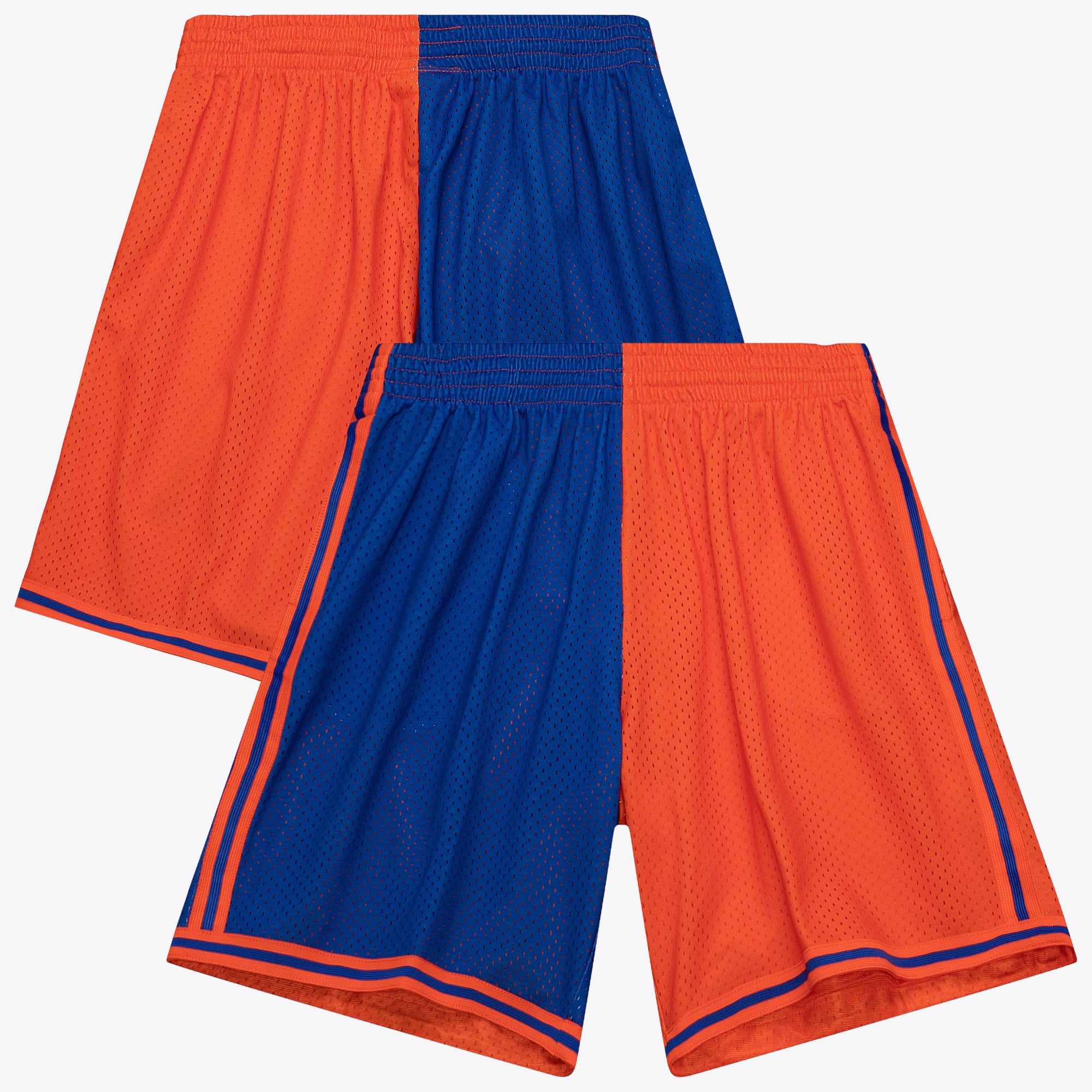 New York Knicks Mitchell & Ness 1996 Split Swingman Shorts - Blue/Orange - Mens: retailer-supplied image