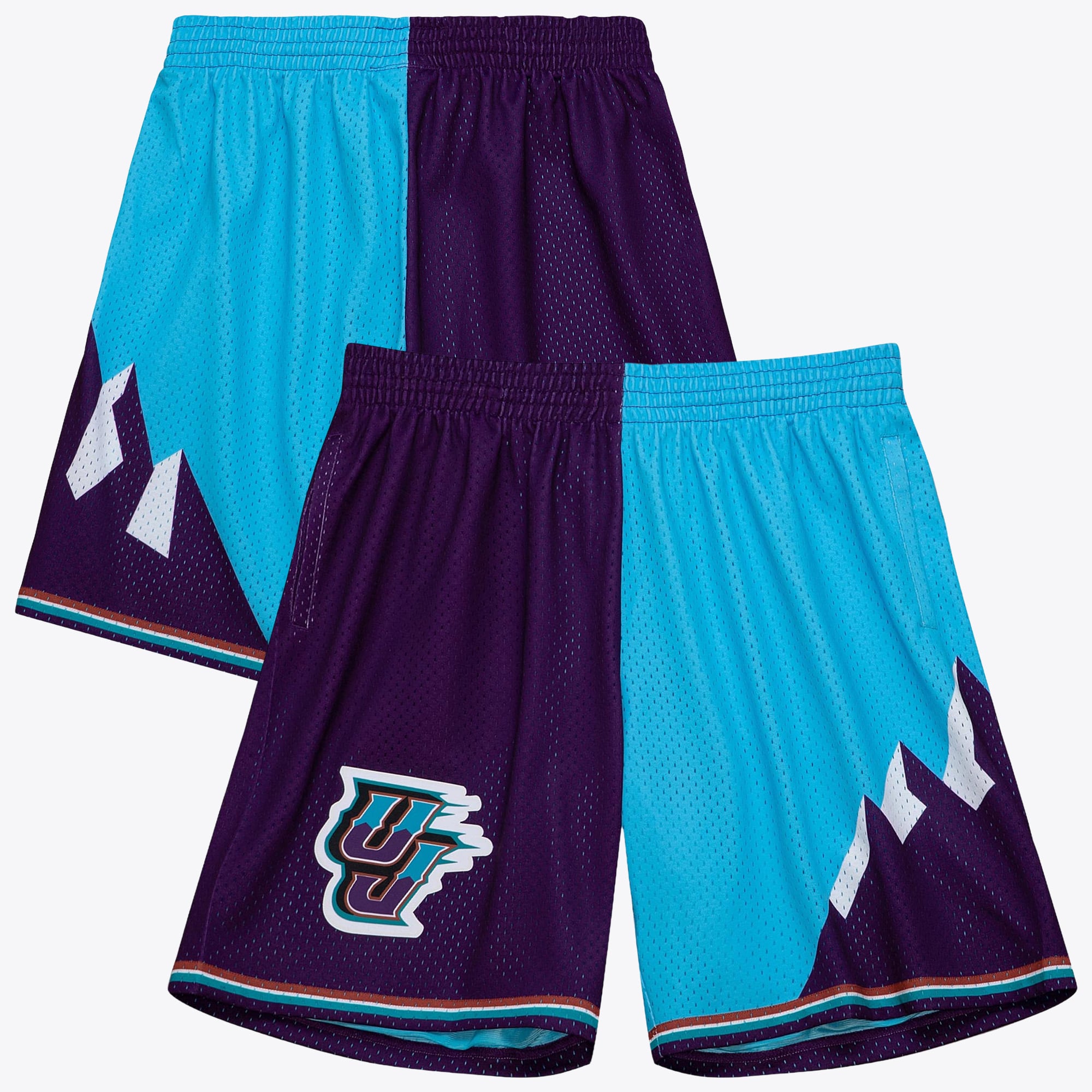 Utah Jazz Mitchell & Ness 1996 Split Swingman Shorts - Teal/Purple - Mens: retailer-supplied image