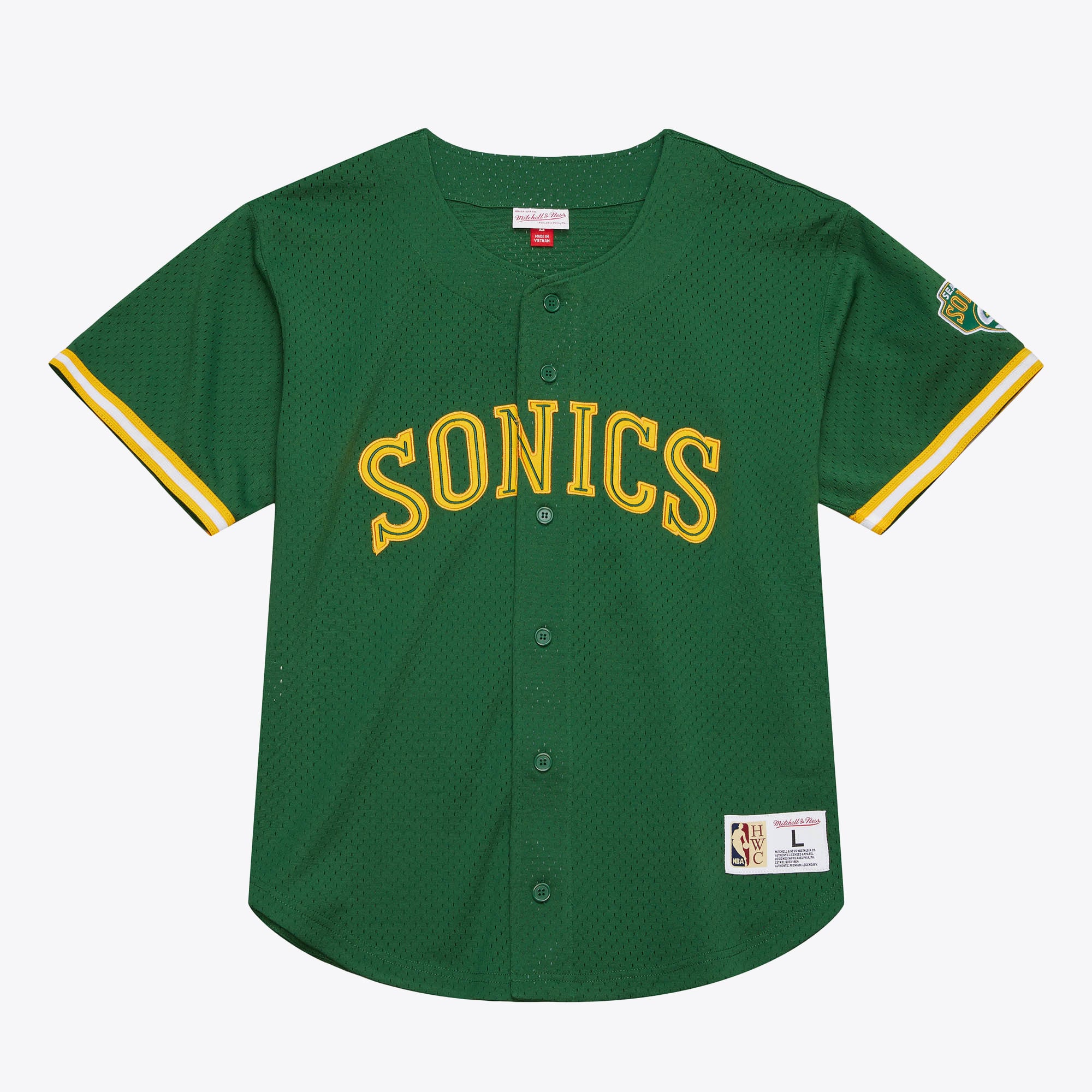 Chemise à boutons en maille Mitchell & Ness On The Clock des Seattle Supersonics - Verte - Homme
