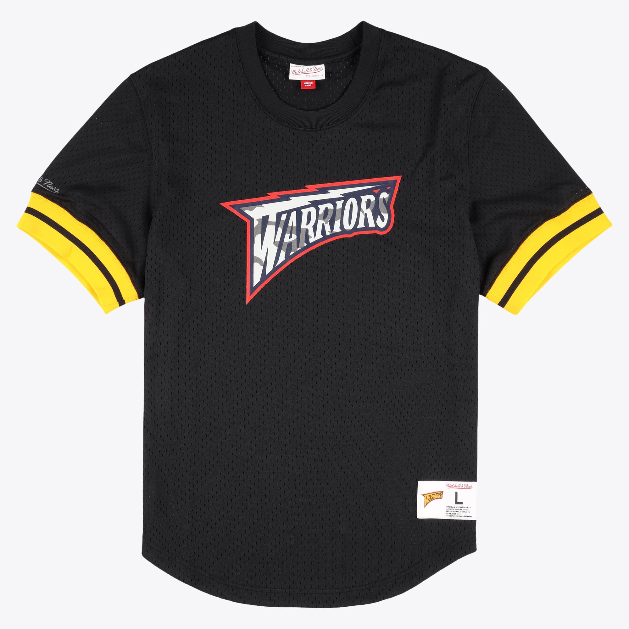 Sudadera de cuello redondo con malla reflectante y estampado de camuflaje de los Golden State Warriors de Mitchell & Ness - Negra - Para hombre