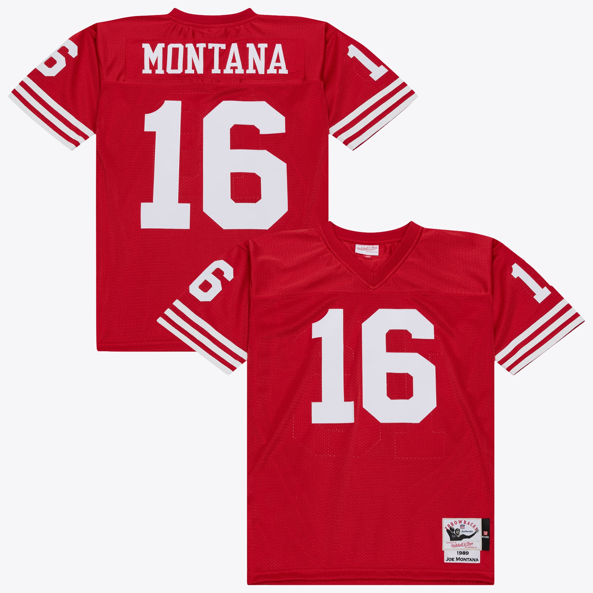 Maglia autentica dei San Francisco 49ers di Joe Montana, marca Mitchell & Ness, anno 1989 - colore scarlatto