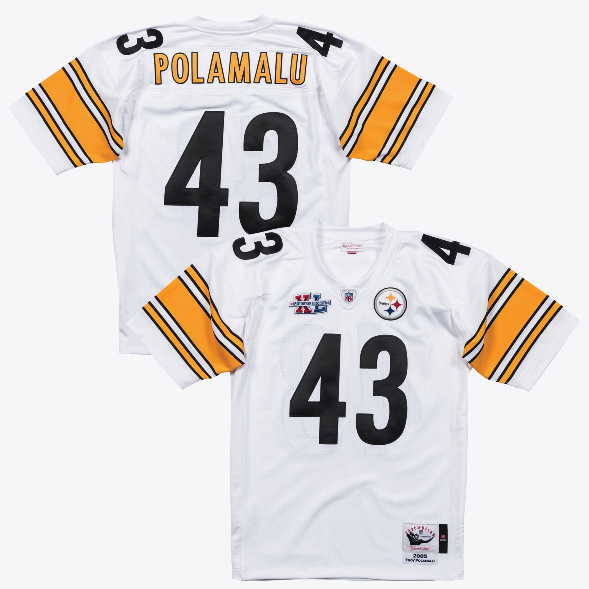 Maglia autentica dei Pittsburgh Steelers di Troy Polamalu, collezione 2005, firmata Mitchell & Ness - Bianca