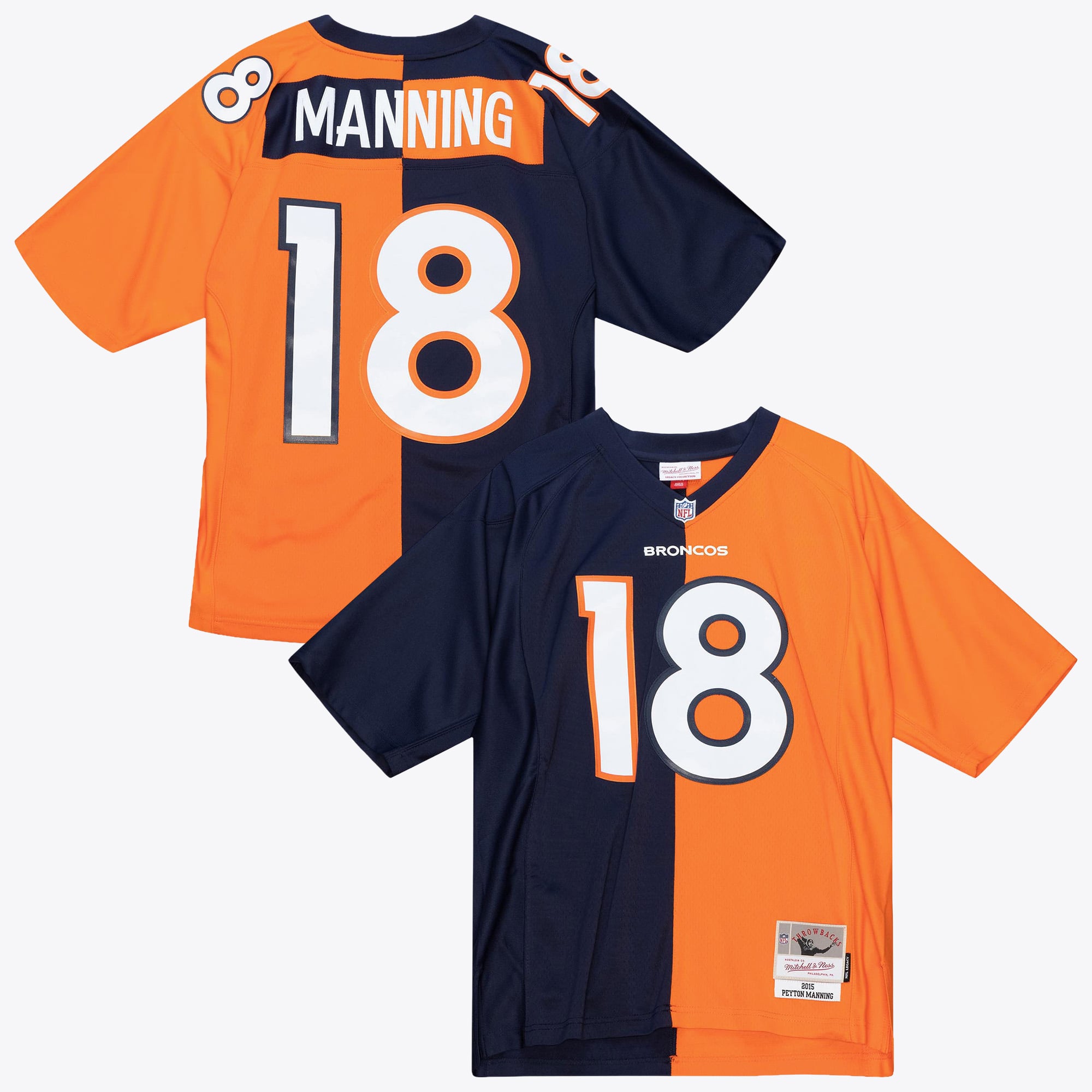 Maglia autentica Split Legacy 2015 di Peyton Manning dei Denver Broncos, firmata Mitchell & Ness - Blu navy/Arancione