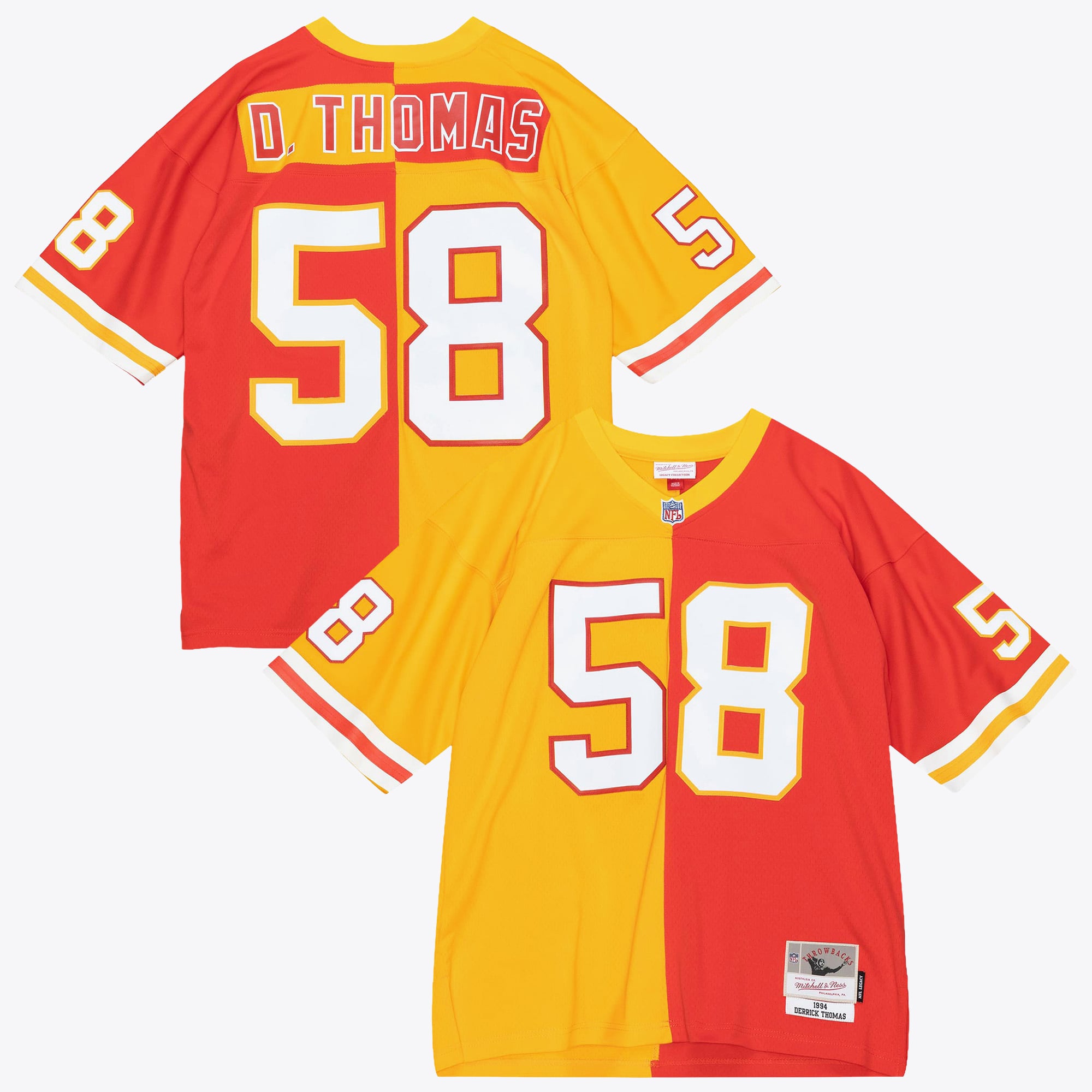 Maglia autentica Split Legacy di Derrick Thomas dei Kansas City Chiefs, modello Mitchell & Ness del 1994 - Rosso/Giallo
