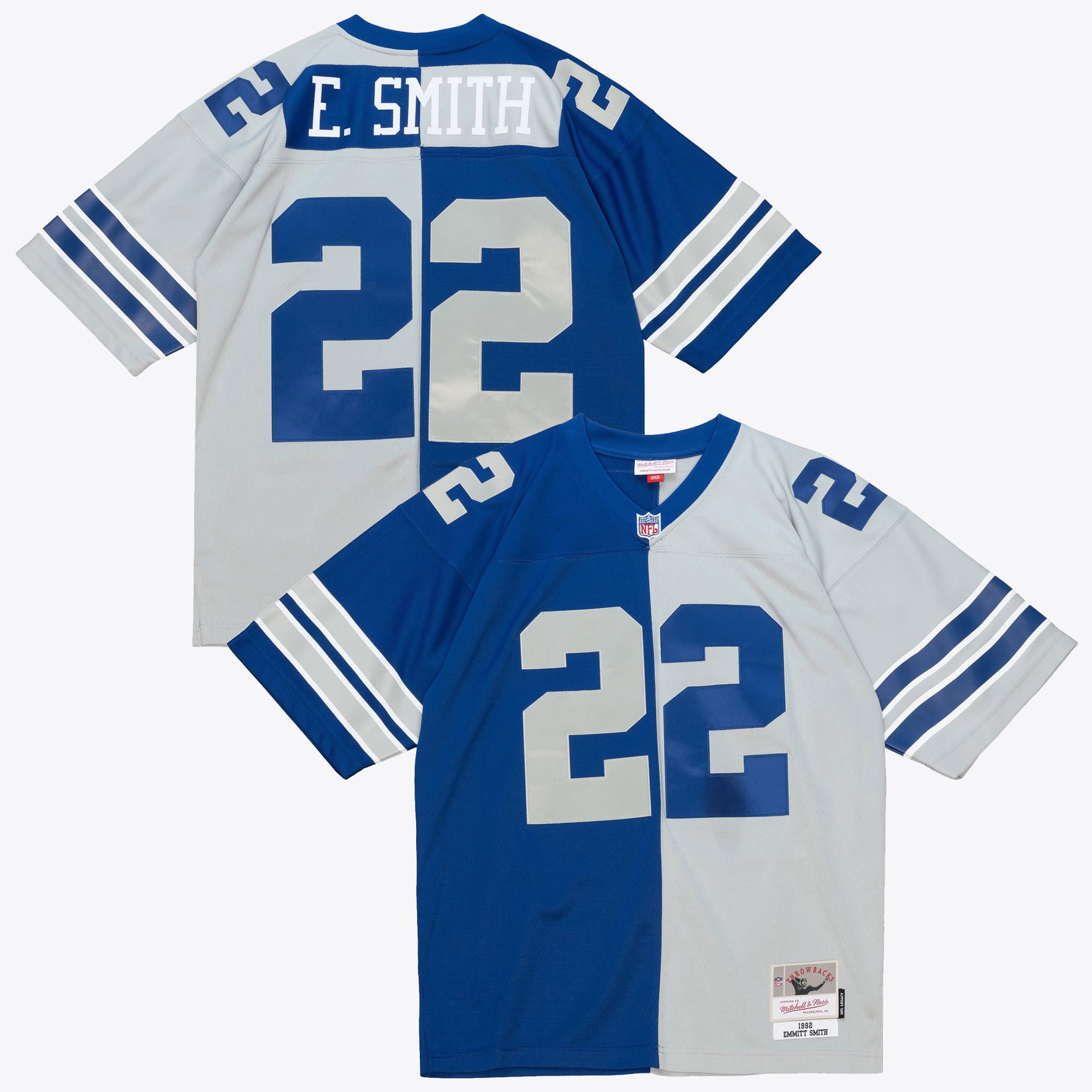 Camiseta auténtica Mitchell & Ness Emmitt Smith de los Dallas Cowboys, edición Split Legacy de 1992.