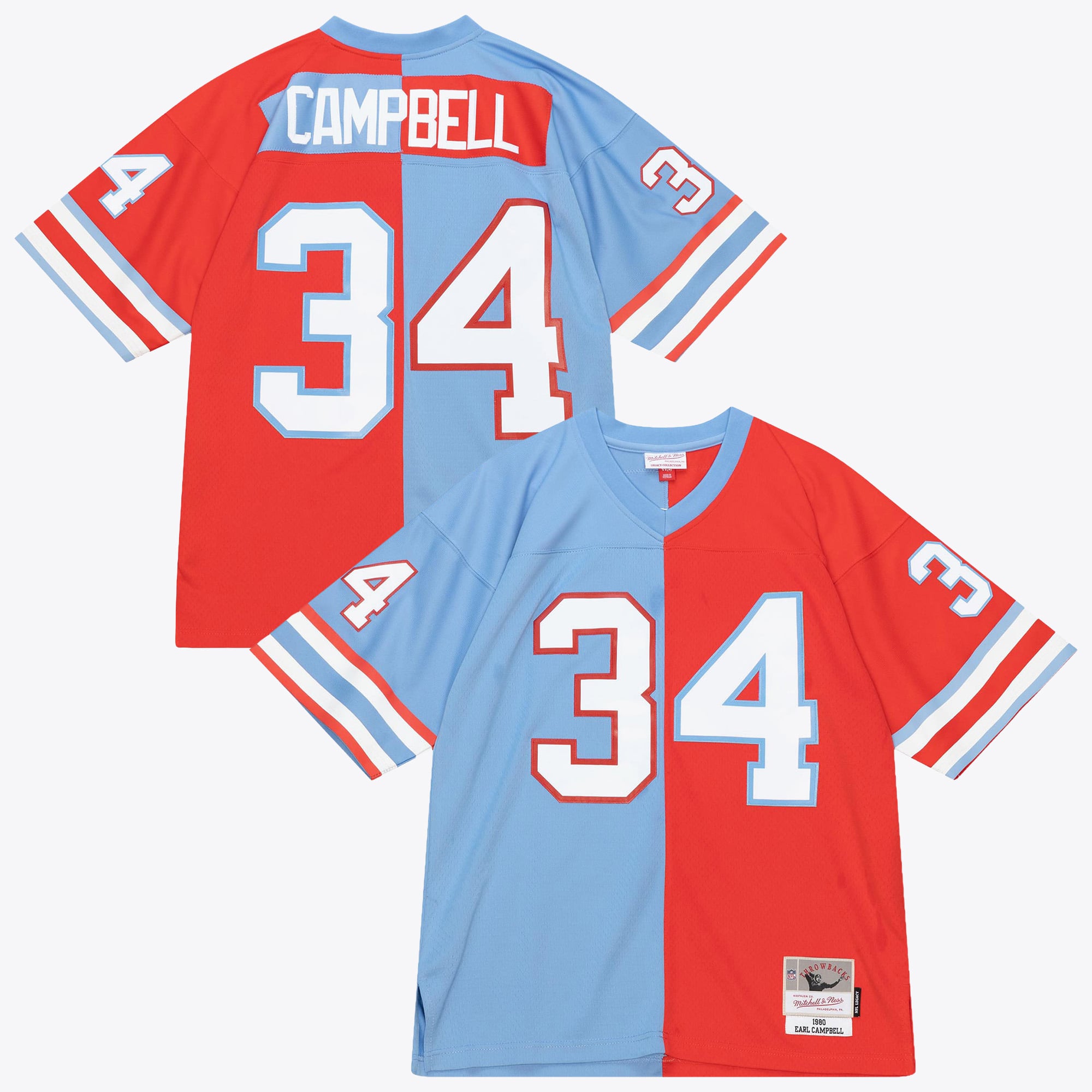 Maglia autentica Mitchell & Ness dei Tennessee Titans di Earl Campbell, edizione Split Legacy del 1980.
