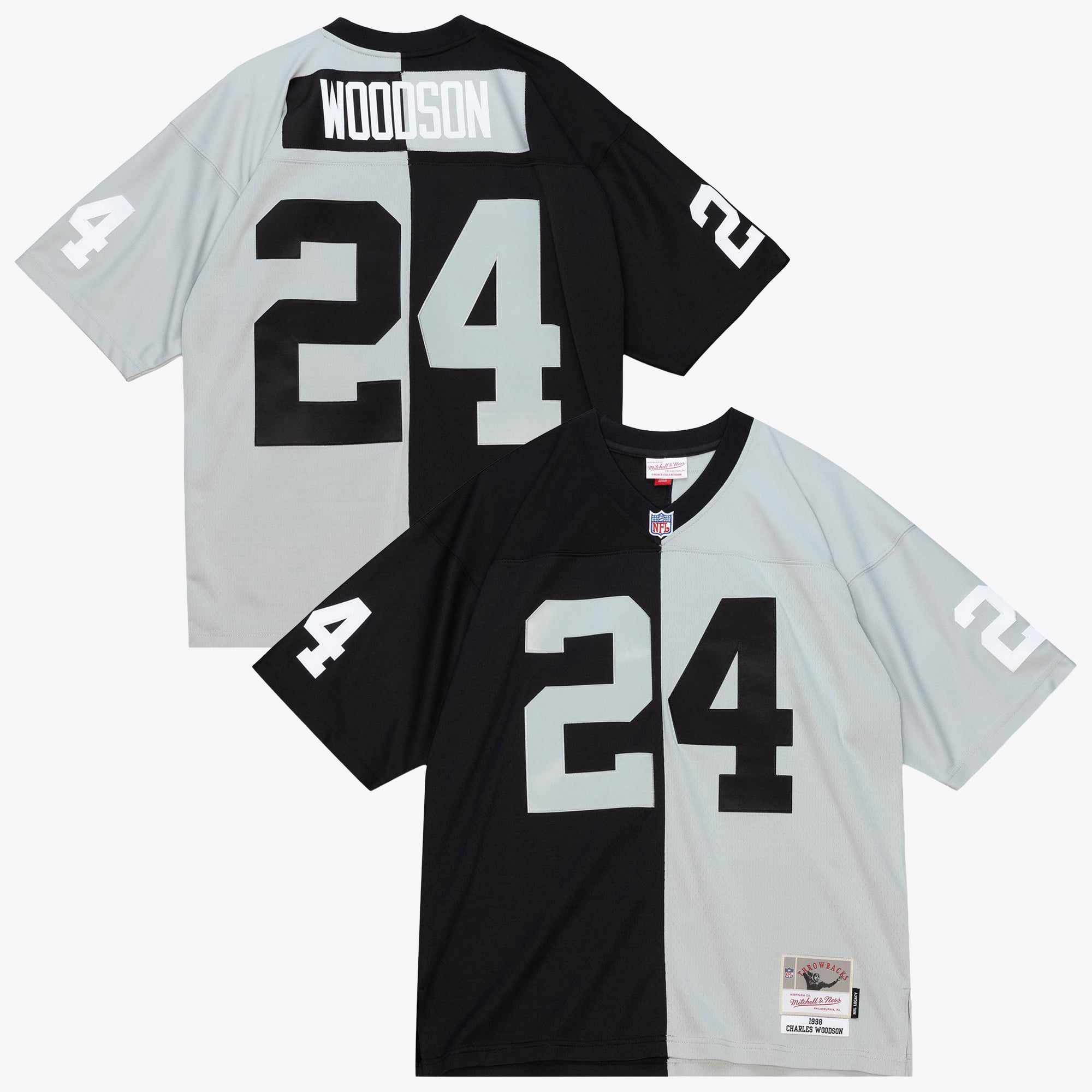 Maglia autentica Split Legacy di Charles Woodson degli Oakland Raiders, Mitchell & Ness, del 1998 - Nero/Argento