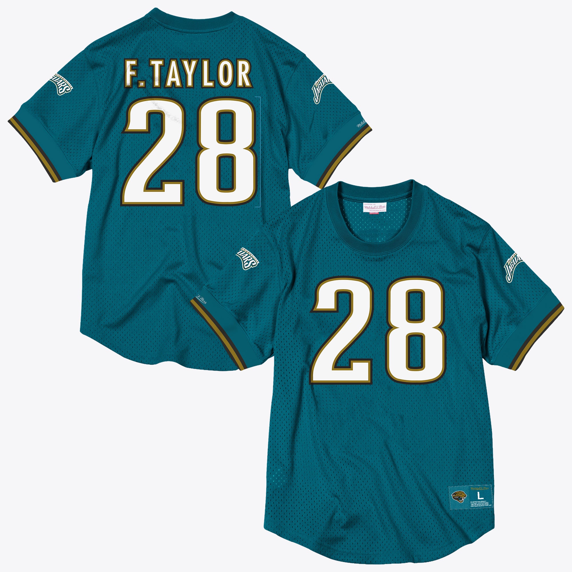 Sudadera de cuello redondo de malla con nombre y número Fred Taylor de Mitchell & Ness de los Jacksonville Jaguars - Verde azulado - Para hombre