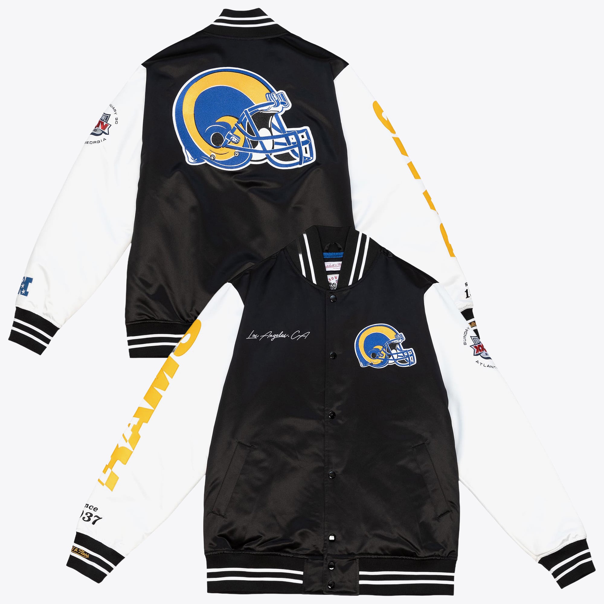 Chaqueta universitaria de satén Mitchell & Ness Team Origins de Los Angeles Rams - Negro/Blanco - Para hombre