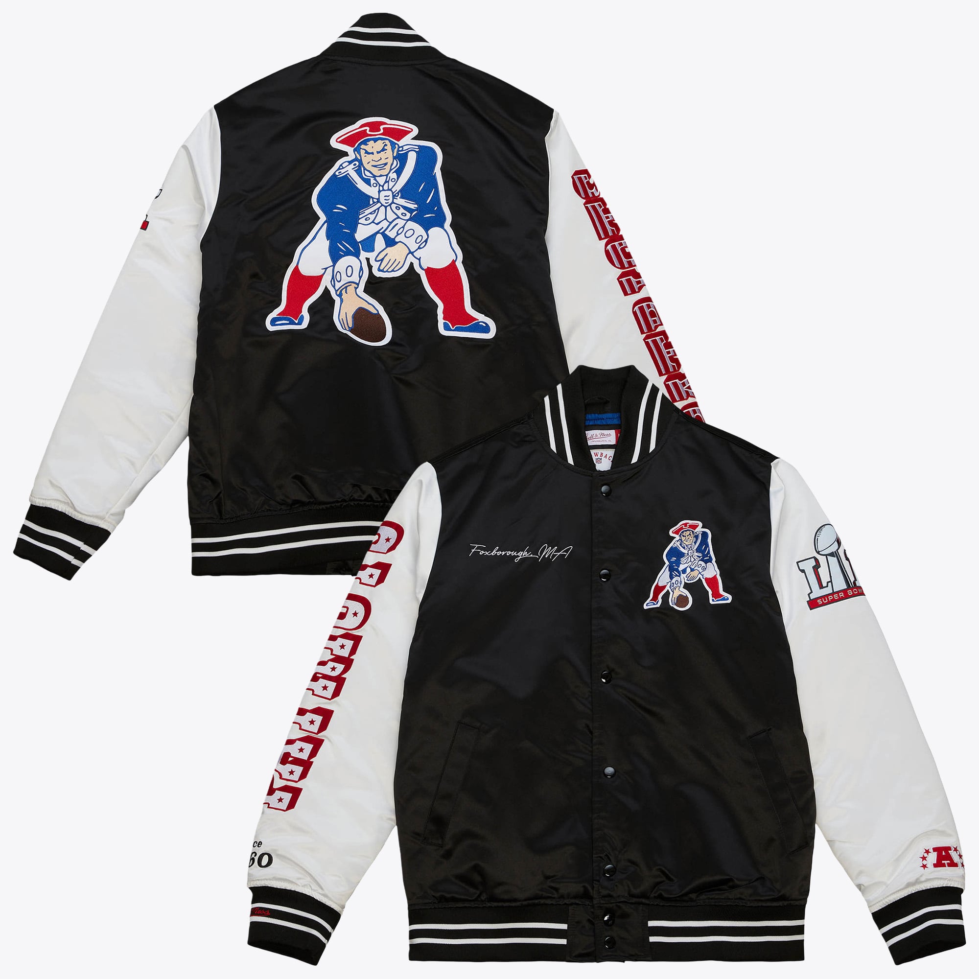 New England Patriots Mitchell & Ness Giacca Varsity in Raso Team Origins – Nero/Bianco – Uomo