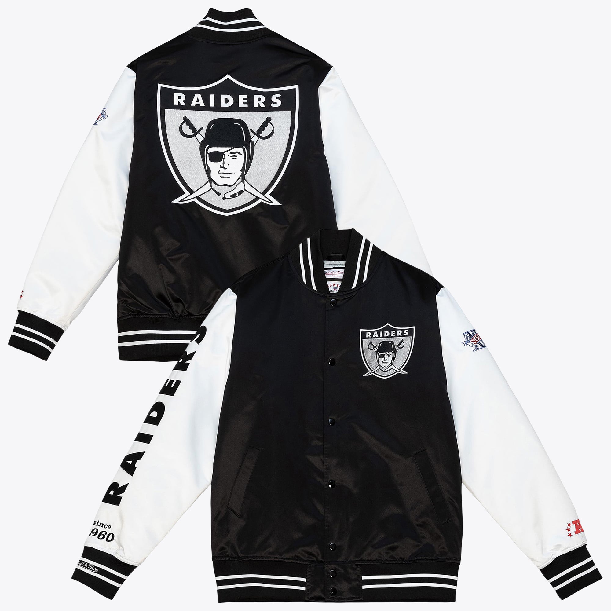 Giacca da uomo Oakland Raiders Mitchell & Ness Team Origins Varsity in raso - Nero/Bianco
