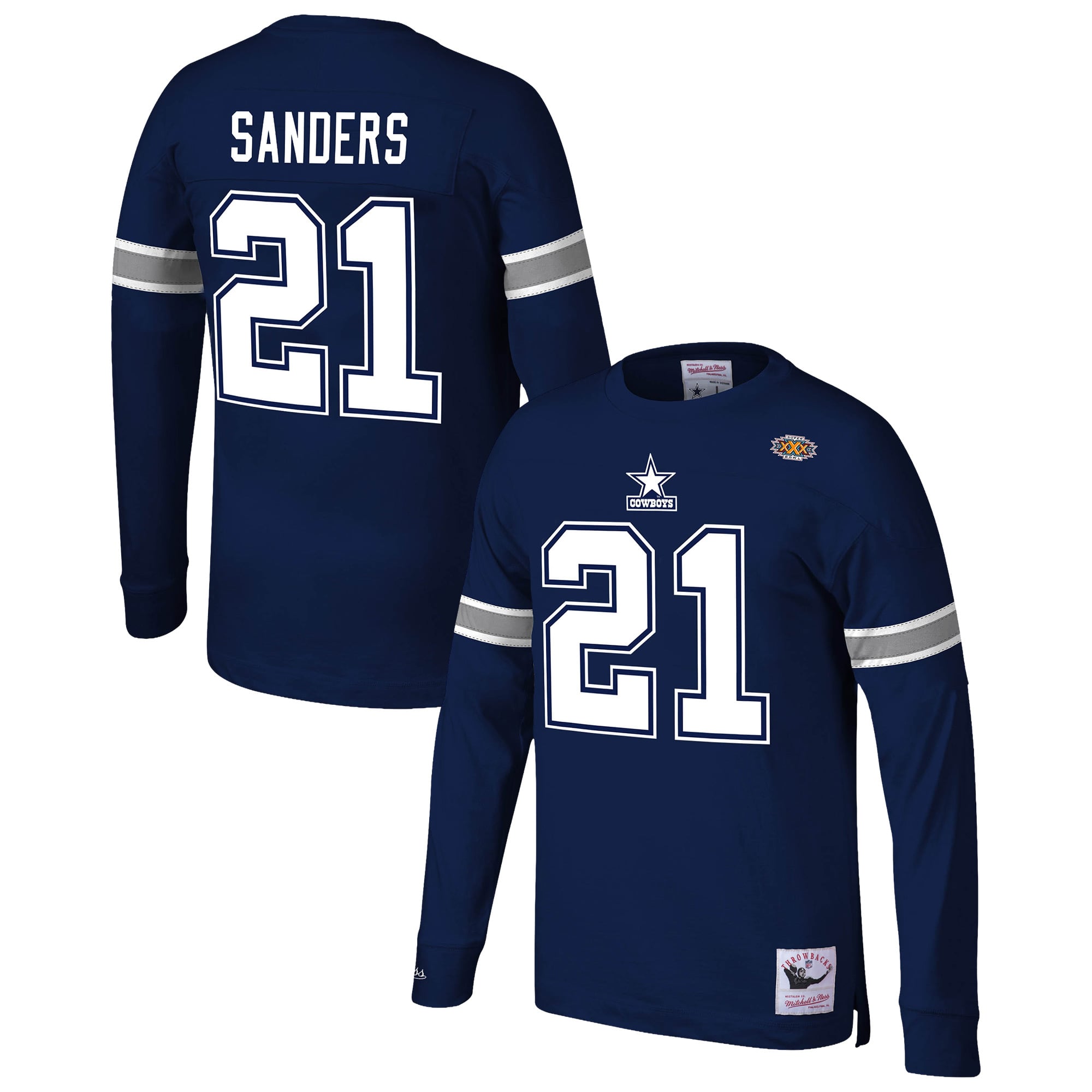 Dallas Cowboys Mitchell & Ness Deion Sanders 1996 Name & Number Long Sleeve T-Shirt - Navy - Mens