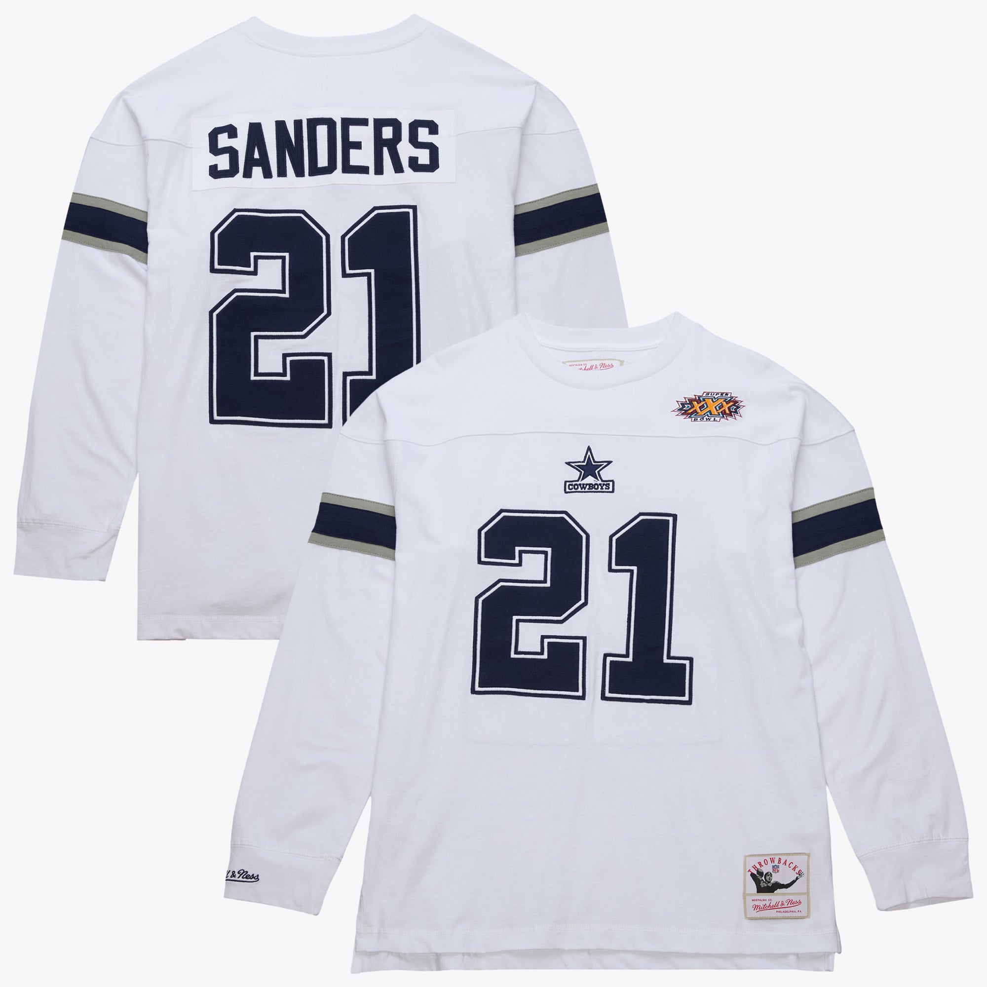 Camiseta de manga larga Mitchell & Ness de los Dallas Cowboys con el nombre y número de Deion Sanders (1996) - Blanca - Para hombre
