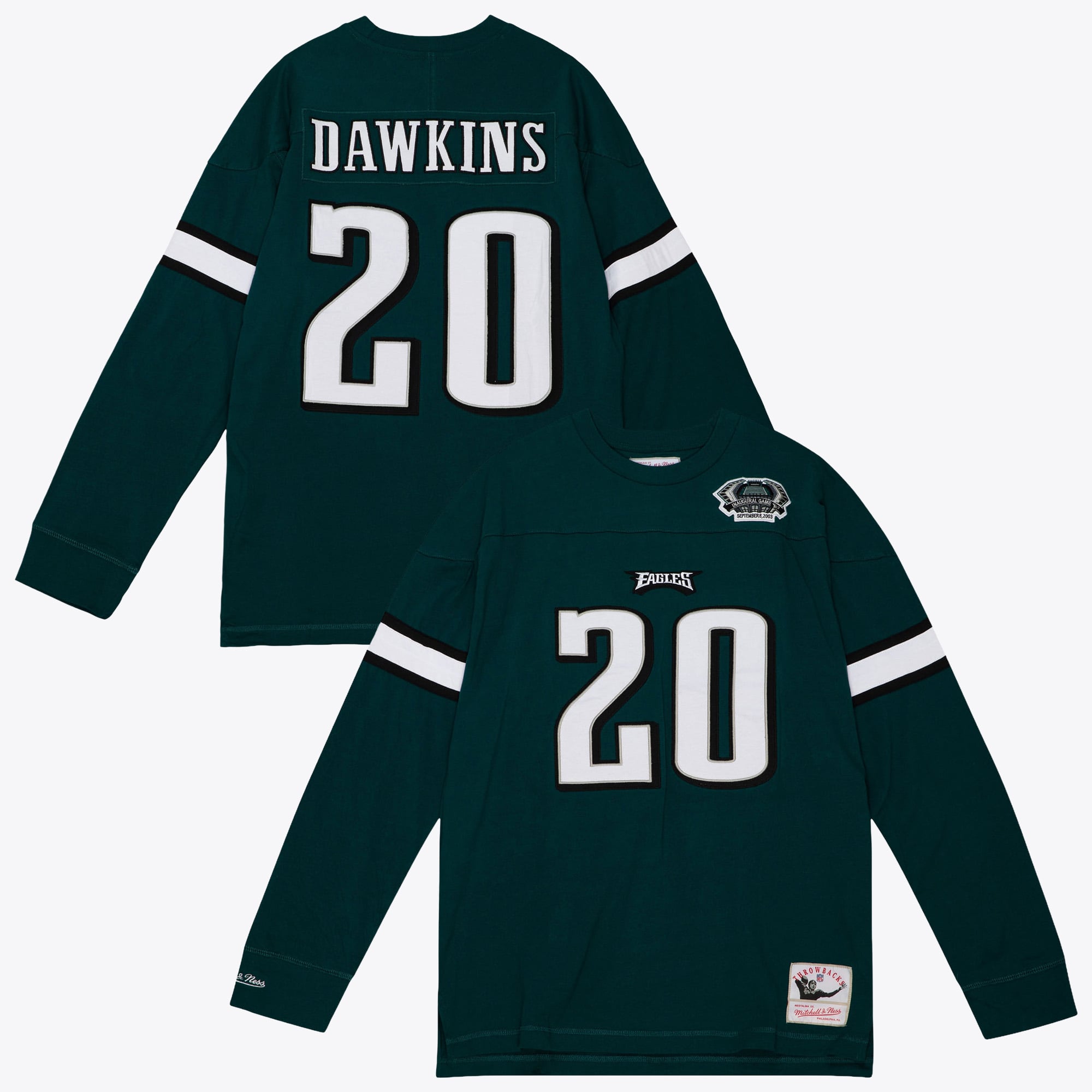T-shirt à manches longues Mitchell & Ness Philadelphia Eagles Brian Dawkins 2003 (nom et numéro) - Vert Kelly - Homme