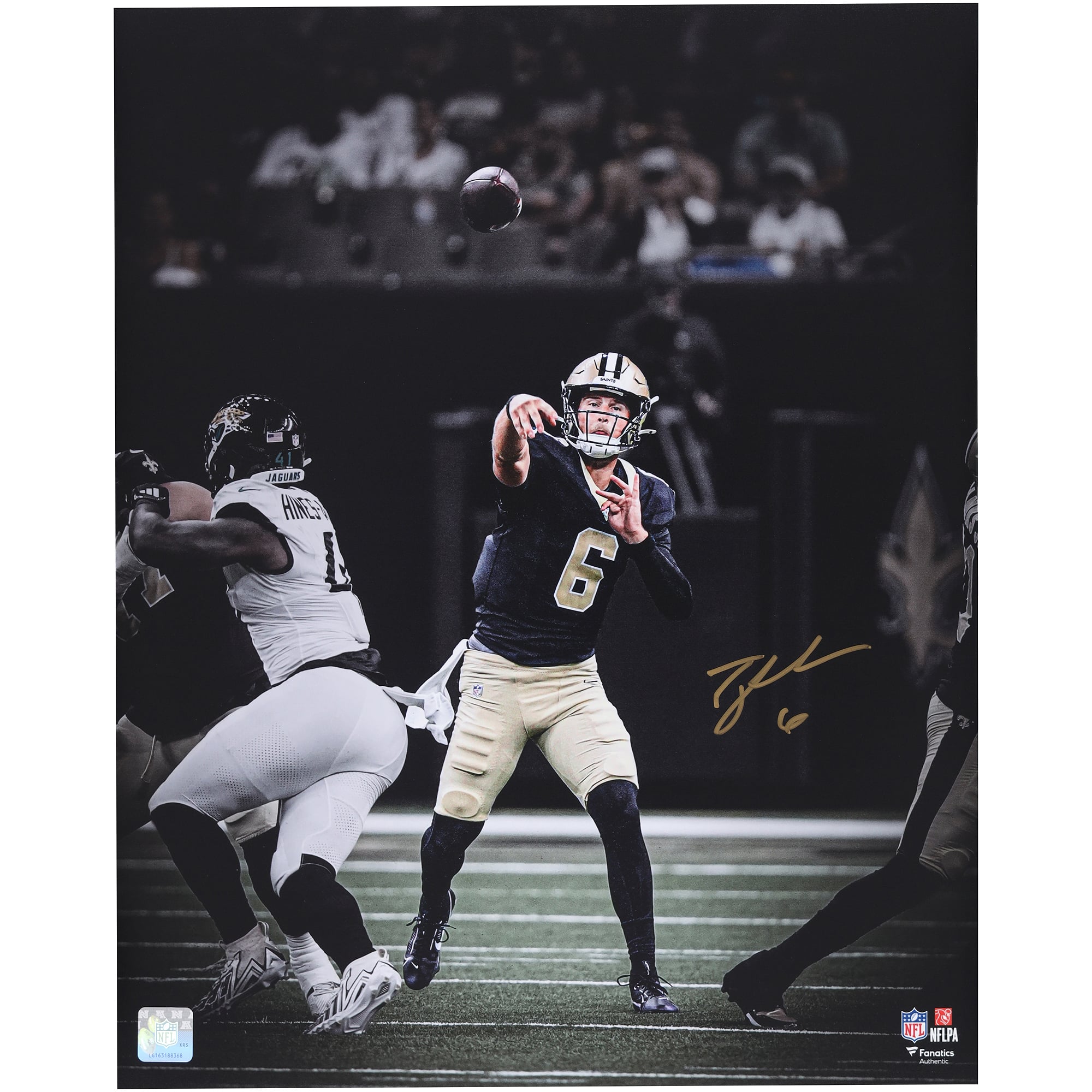 Tyler Shough New Orleans Saints Autographed 16" x 20" Pocket Throwing Spotlight Photograph