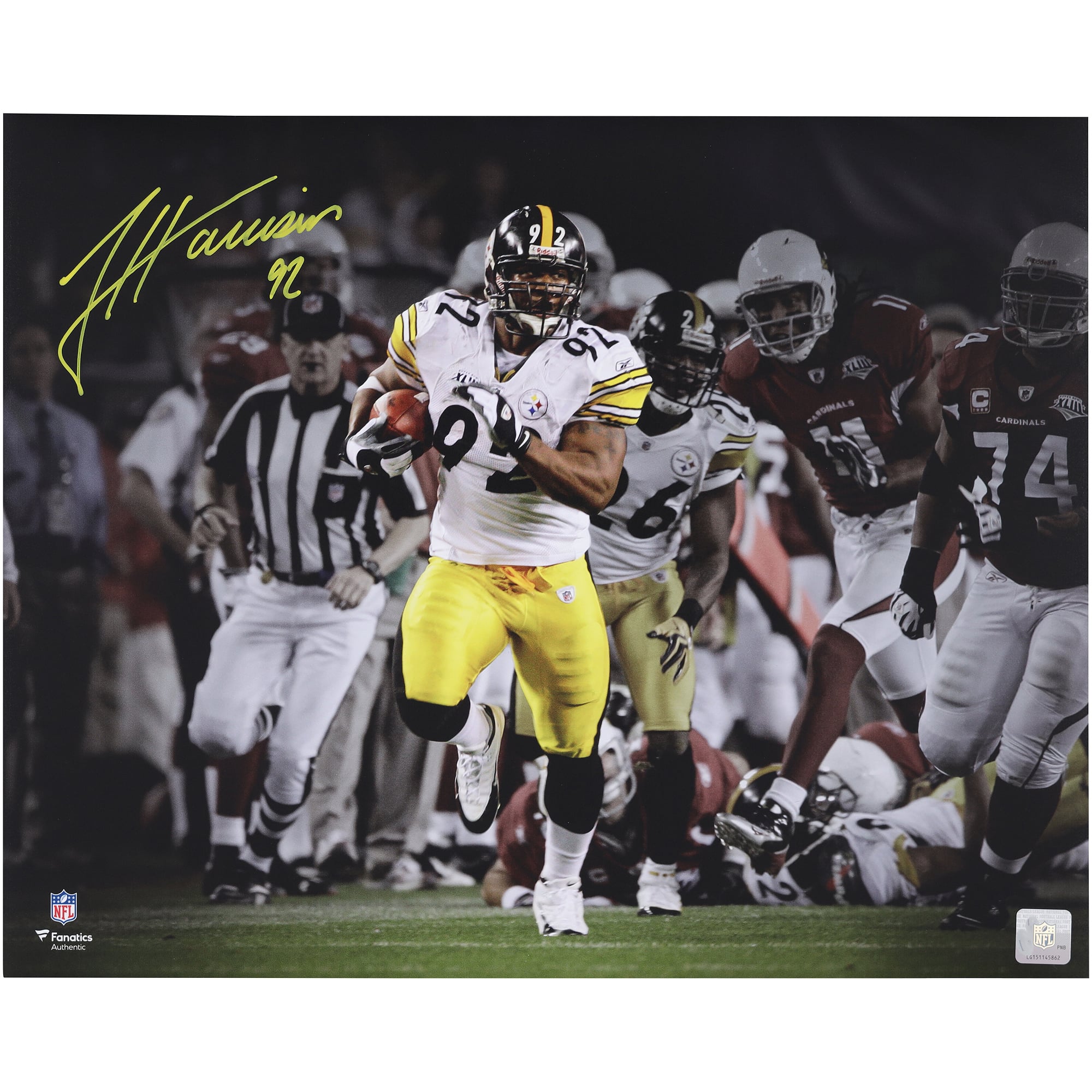 James Harrison Pittsburgh Steelers Autographed 16" x 20" Super Bowl XLIII Pick Six Spotlight Photograph
