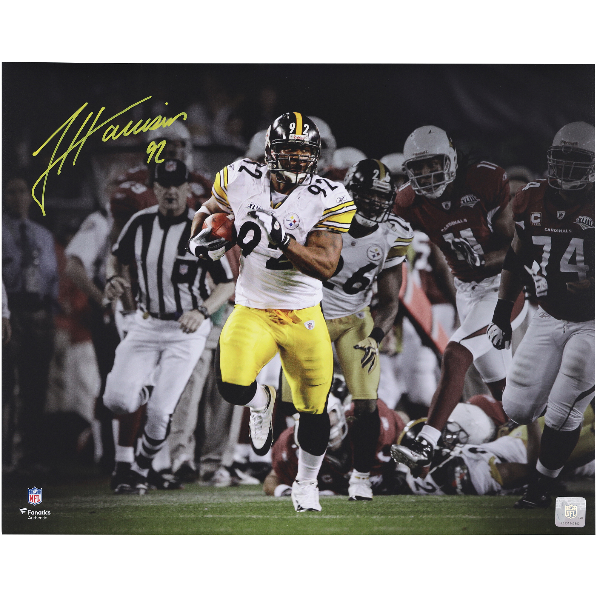 James Harrison Pittsburgh Steelers Autographed 16" x 20" Super Bowl XLIII Pick Six Spotlight Photograph