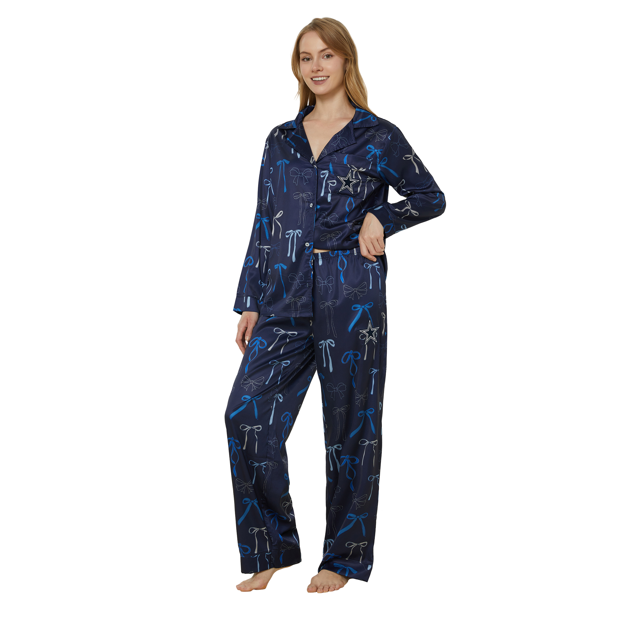 Women's Concepts Sport  Navy Dallas Cowboys Poppy Satin Long Sleeve Top and Pants Sleep Set
