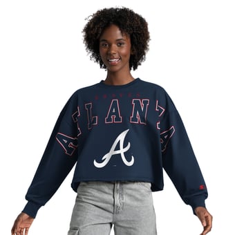 Women's Starter  Navy Atlanta Braves Bleachers II Cropped Crew Sweatshirt