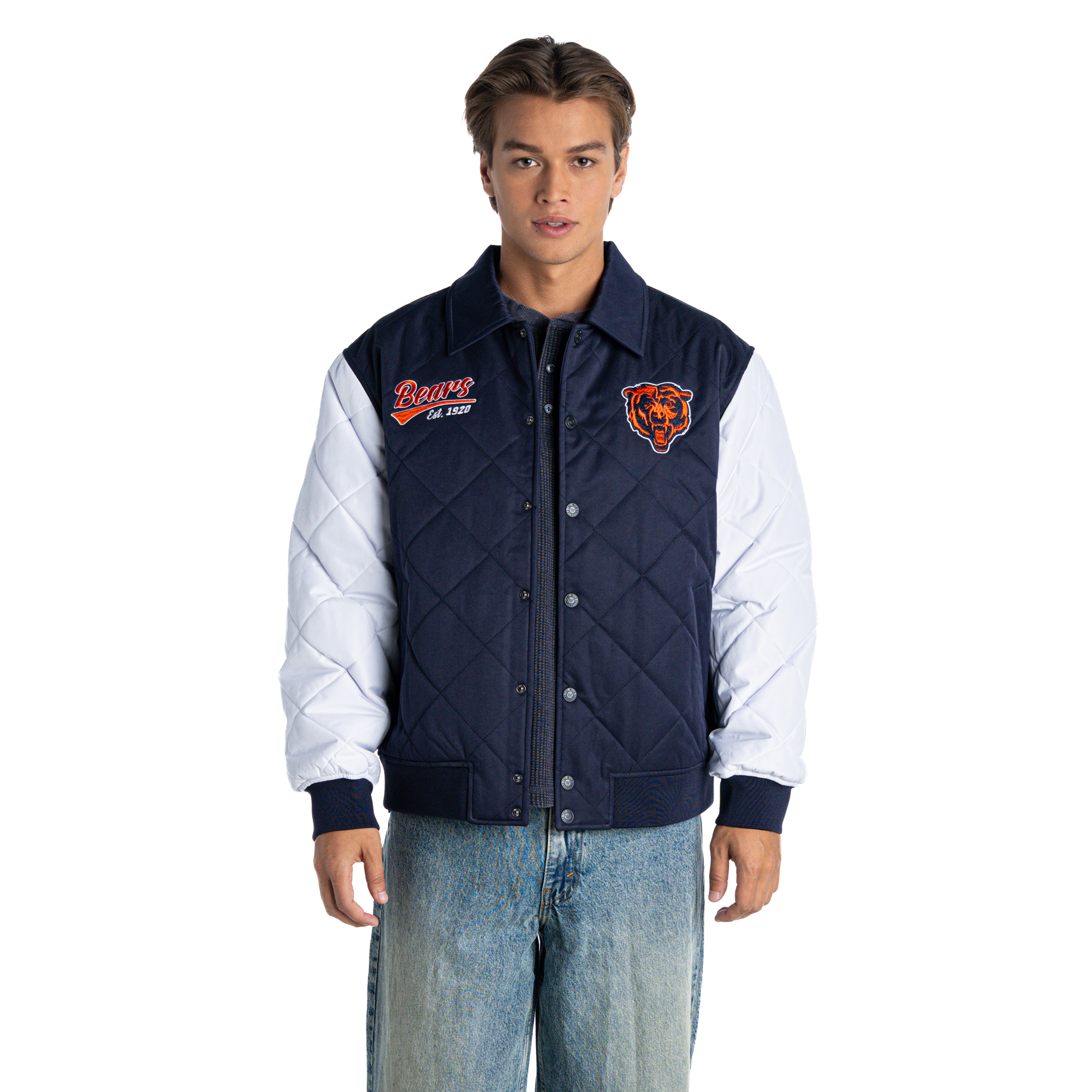 Unisex The Wild Collective Navy Chicago Bears Collared Quilted Bomber Jacket