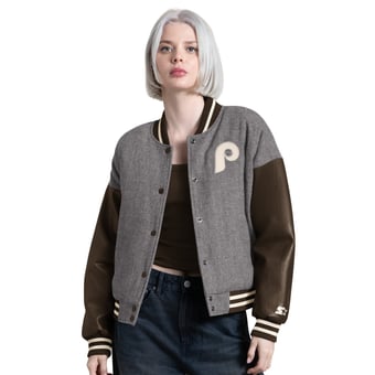 Women's Starter  Charcoal Philadelphia Phillies Zone Blitz Cropped Full-Snap Varsity Jacket