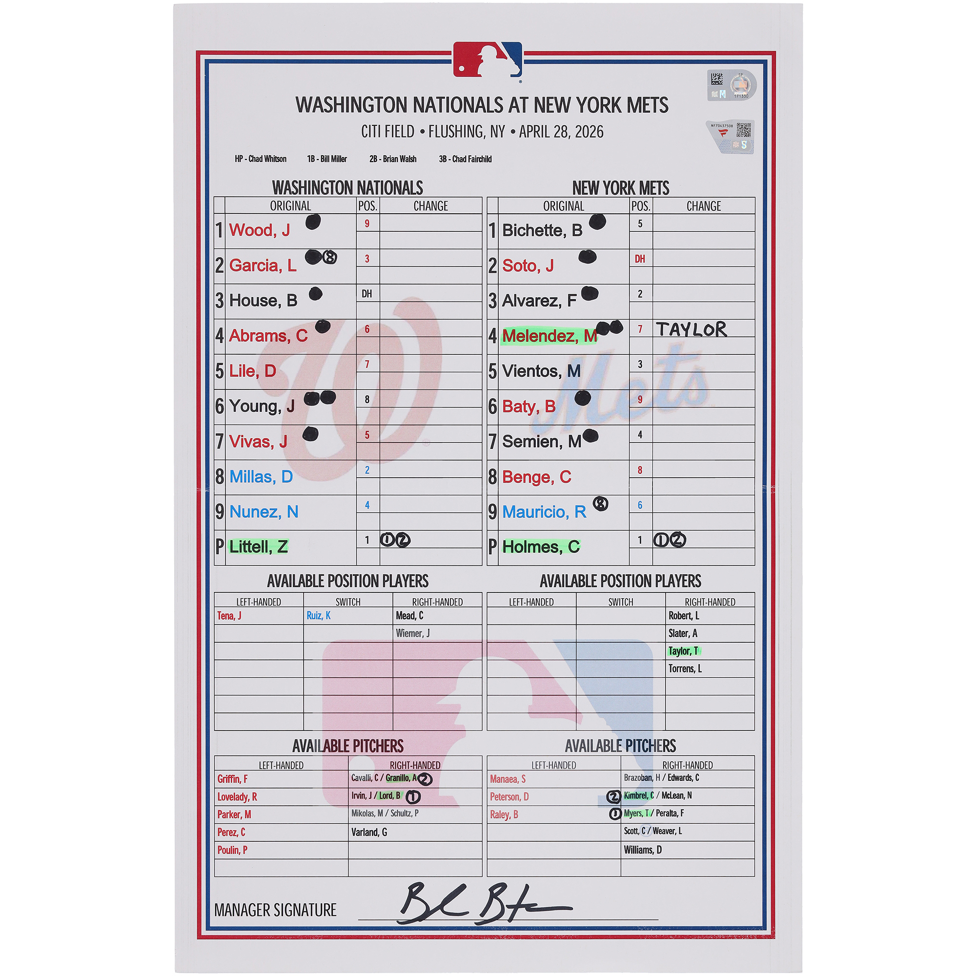 Washington Nationals Game-Used Lineup Card vs. New York Mets on April 28, 2026