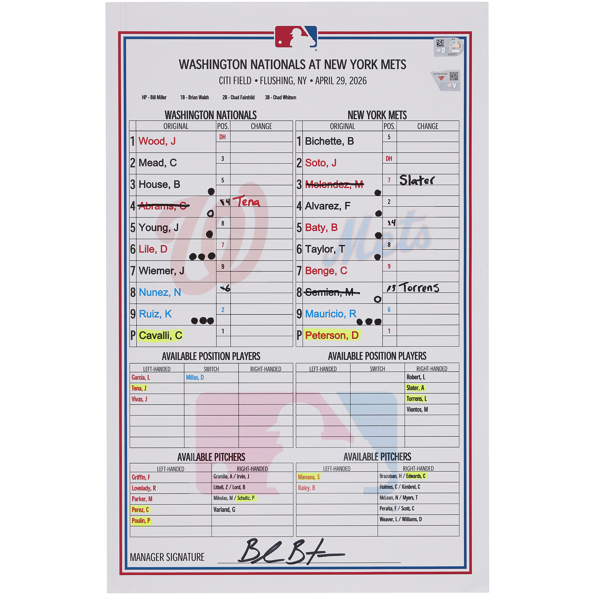 Washington Nationals Game-Used Lineup Card vs. New York Mets on April 29, 2026