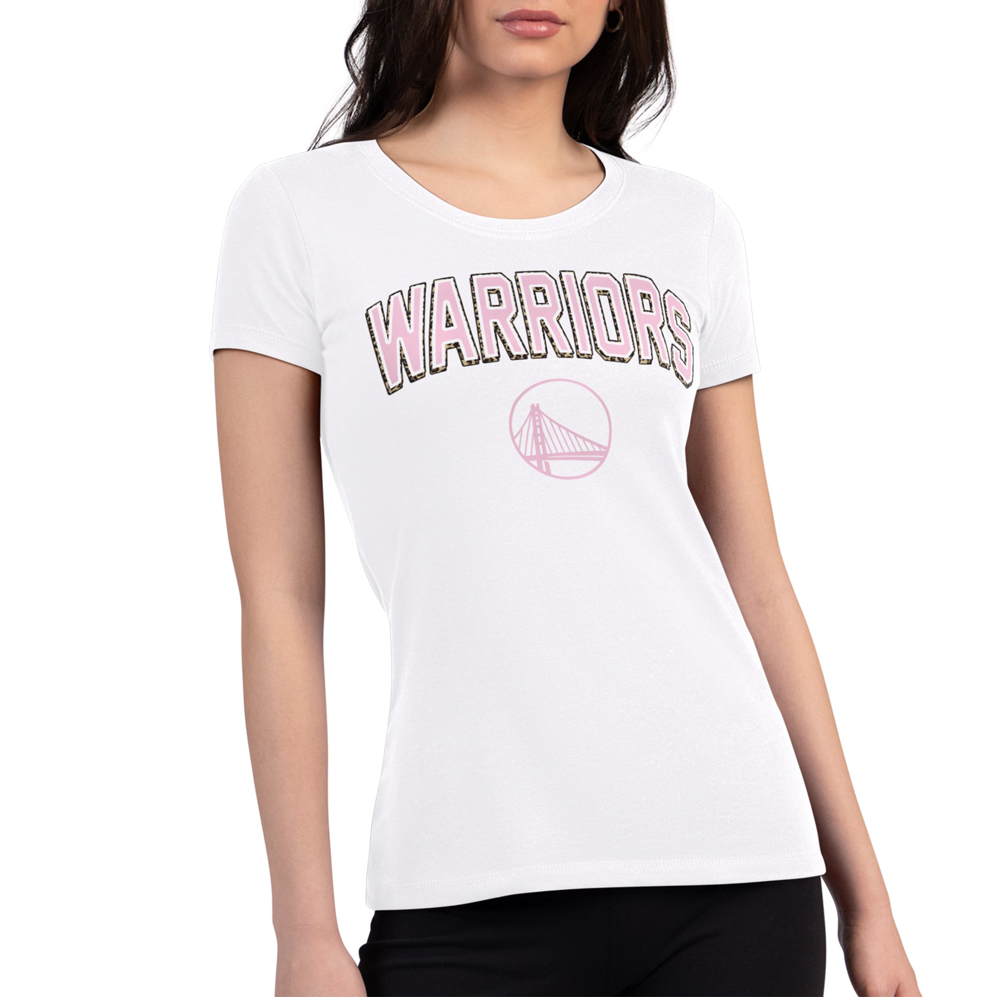 Women's G-III 4Her by Carl Banks White Golden State Warriors Pink Leopard Super-Slim Lightweight T-Shirt