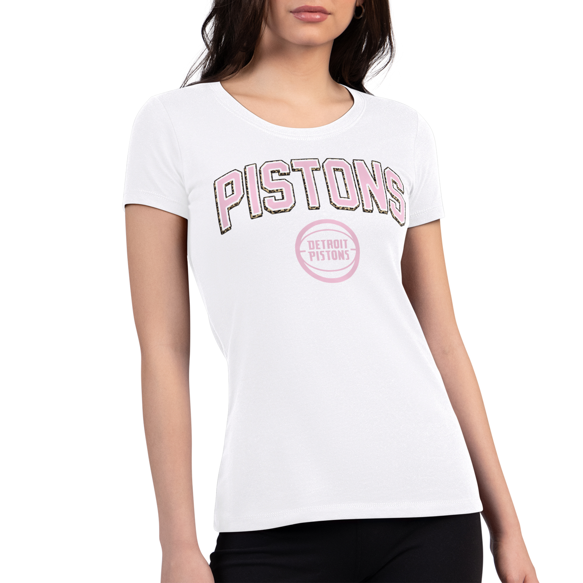 Women's G-III 4Her by Carl Banks White Detroit Pistons Pink Leopard Super-Slim Lightweight T-Shirt