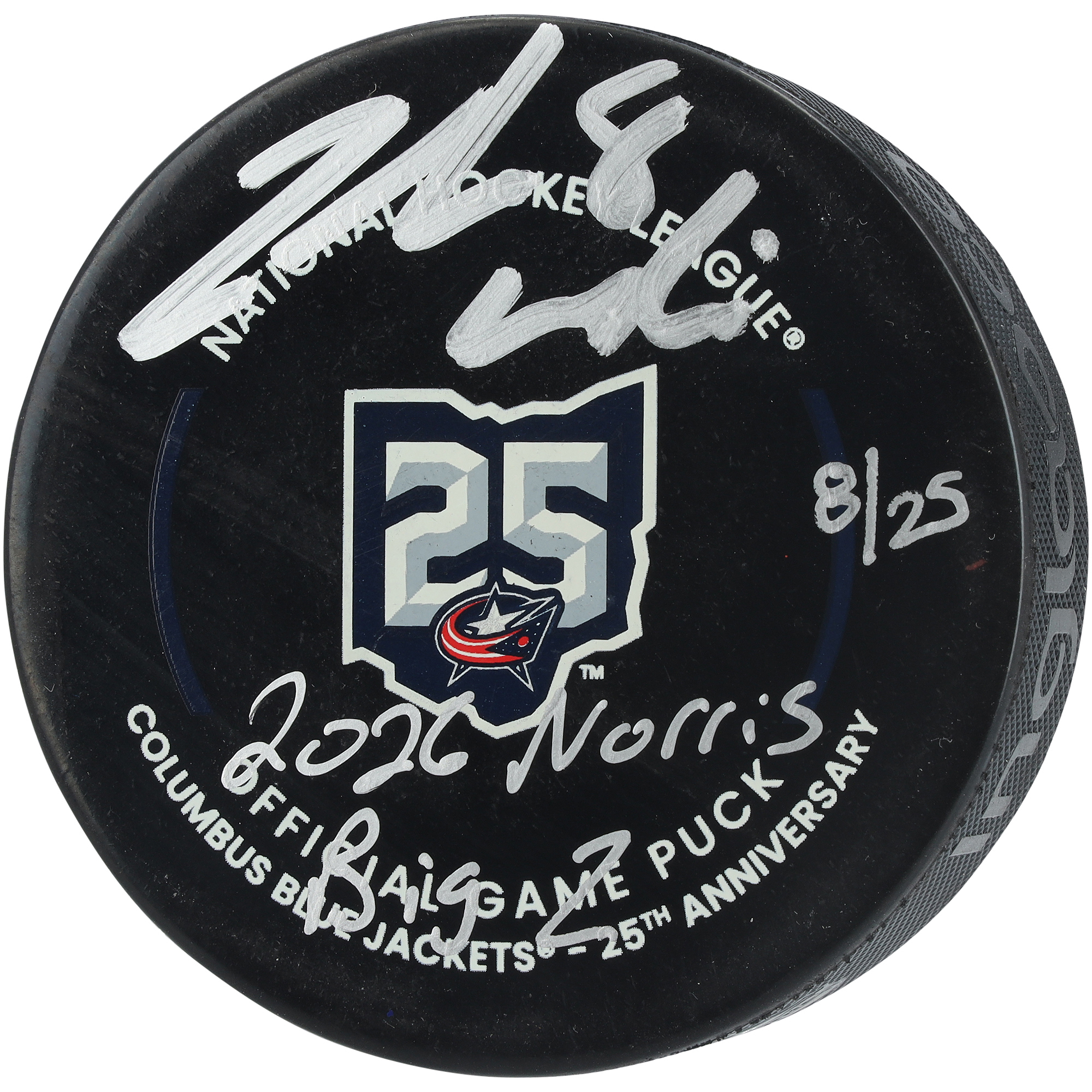 Zach Werenski Columbus Blue Jackets Autographed 25th Anniversary Official Game Puck with Multiple Inscriptions - Limited Edition #8/25
