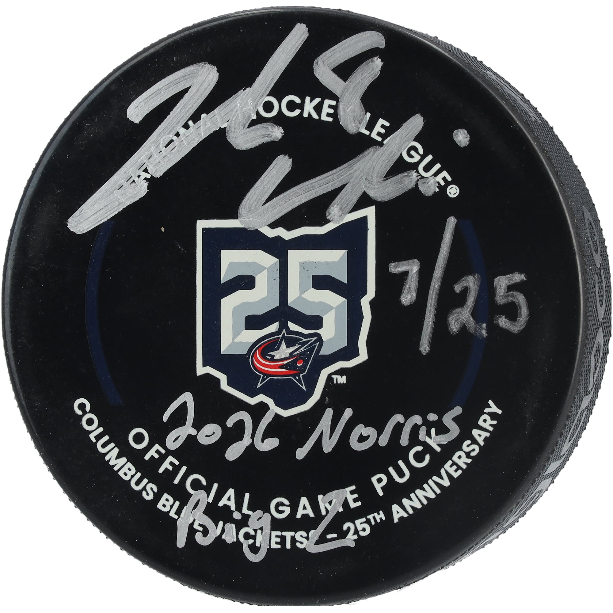 Zach Werenski Columbus Blue Jackets Autographed 25th Anniversary Official Game Puck with Multiple Inscriptions - Limited Edition of 25