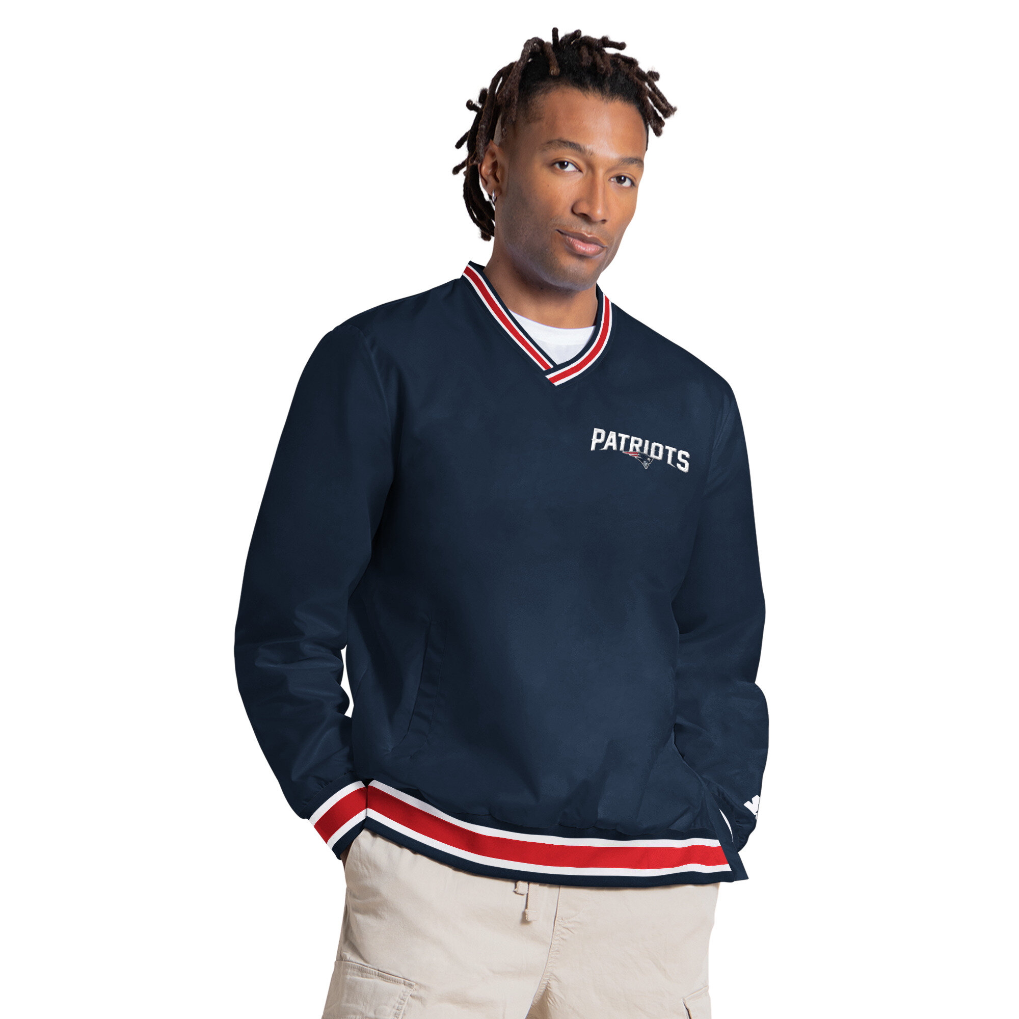 Men's Starter Drake Maye Navy New England Patriots Player Layer V-Neck Pullover