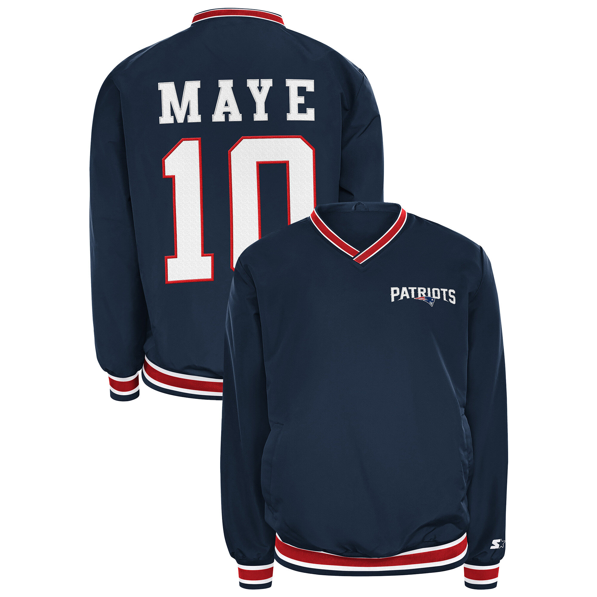 Men's Starter Drake Maye Navy New England Patriots Player Layer V-Neck Pullover