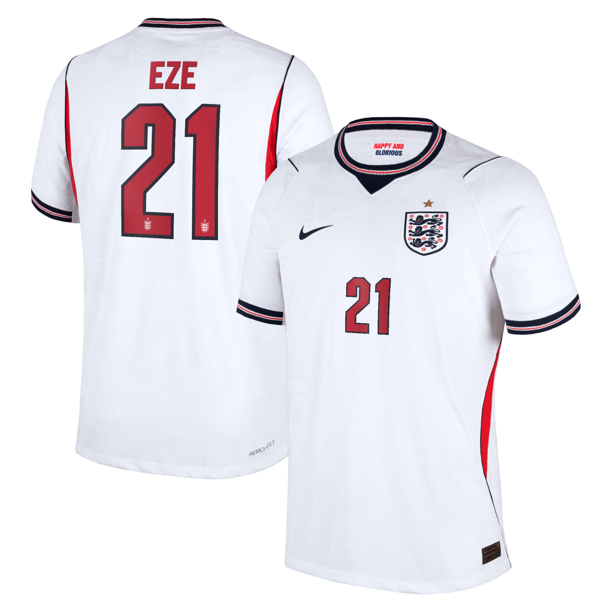 England Nike Home Aero-FIT Match Shirt 2026 with Eze 21 printing: retailer-supplied image