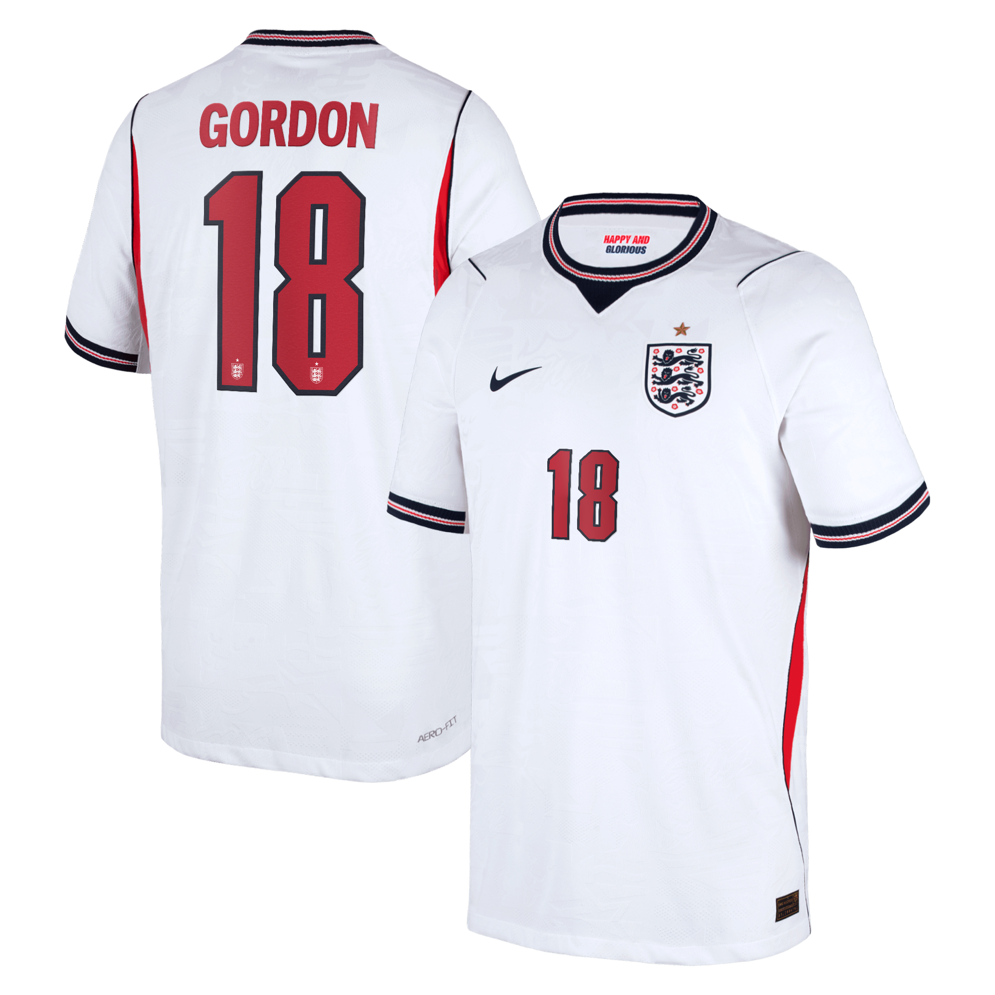 England Nike Home Aero-FIT Match Shirt 2026 - Kids with Gordon 18 printing: retailer-supplied image
