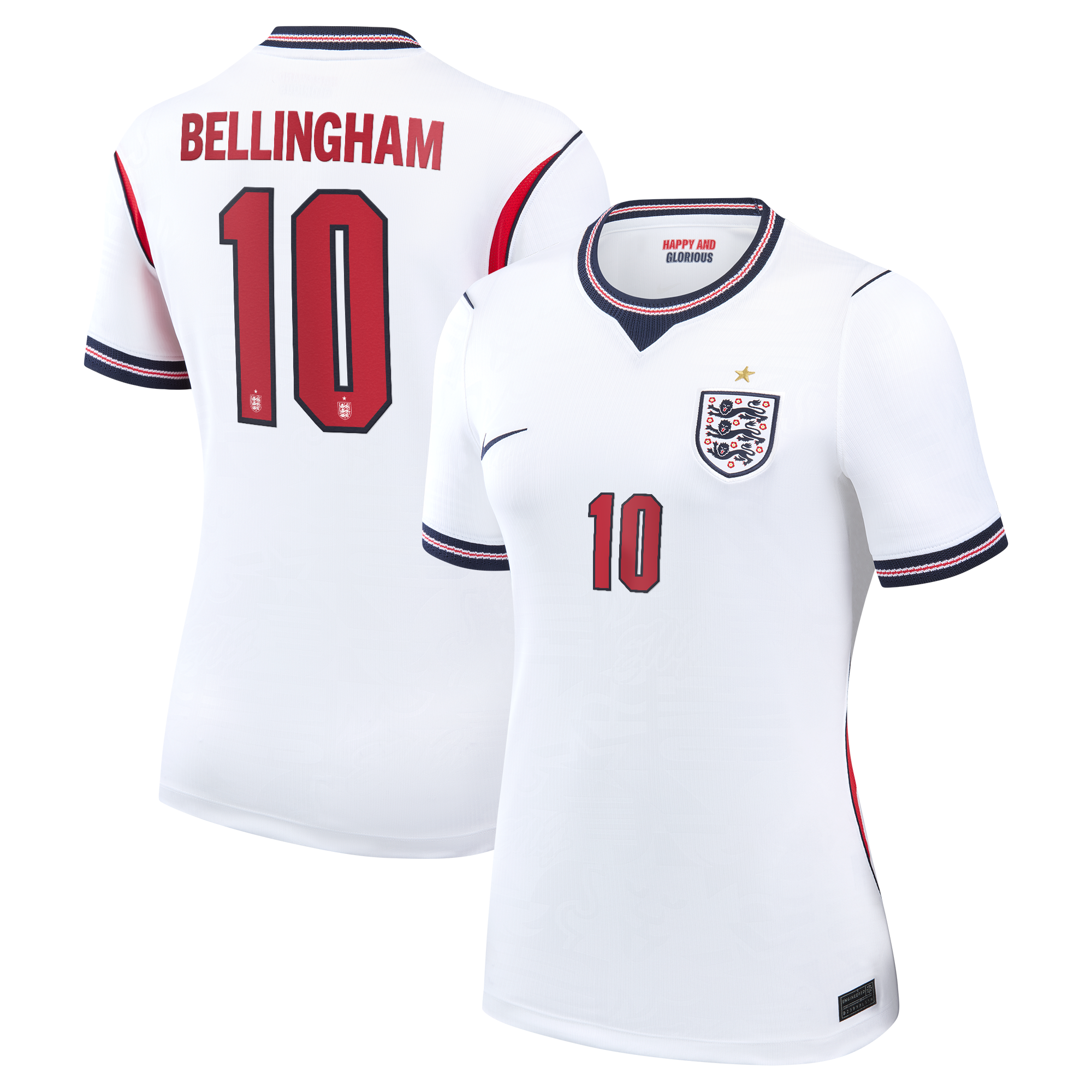 England Nike Stadium Heimtrikot 2026 - Damen mit Aufdruck Bellingham 10: retailer-supplied image