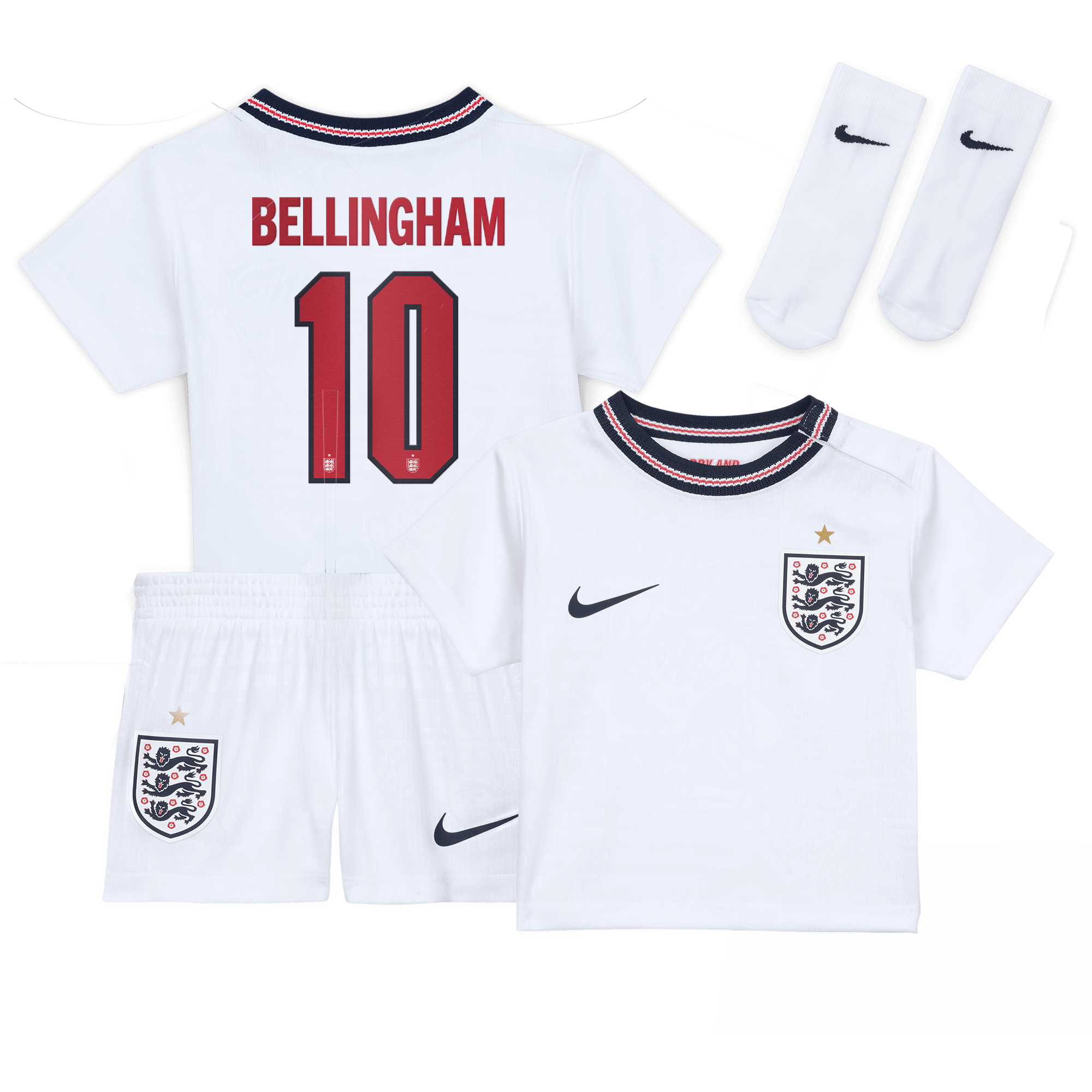 England Nike Stadium Mini-Heimsausrüstung 2026 - Baby mit Aufdruck Bellingham 10: retailer-supplied image