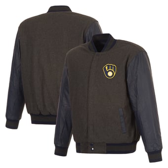 Men's JH Design  Charcoal Milwaukee Brewers Reversible Wool & Leather Full-Zip Jacket