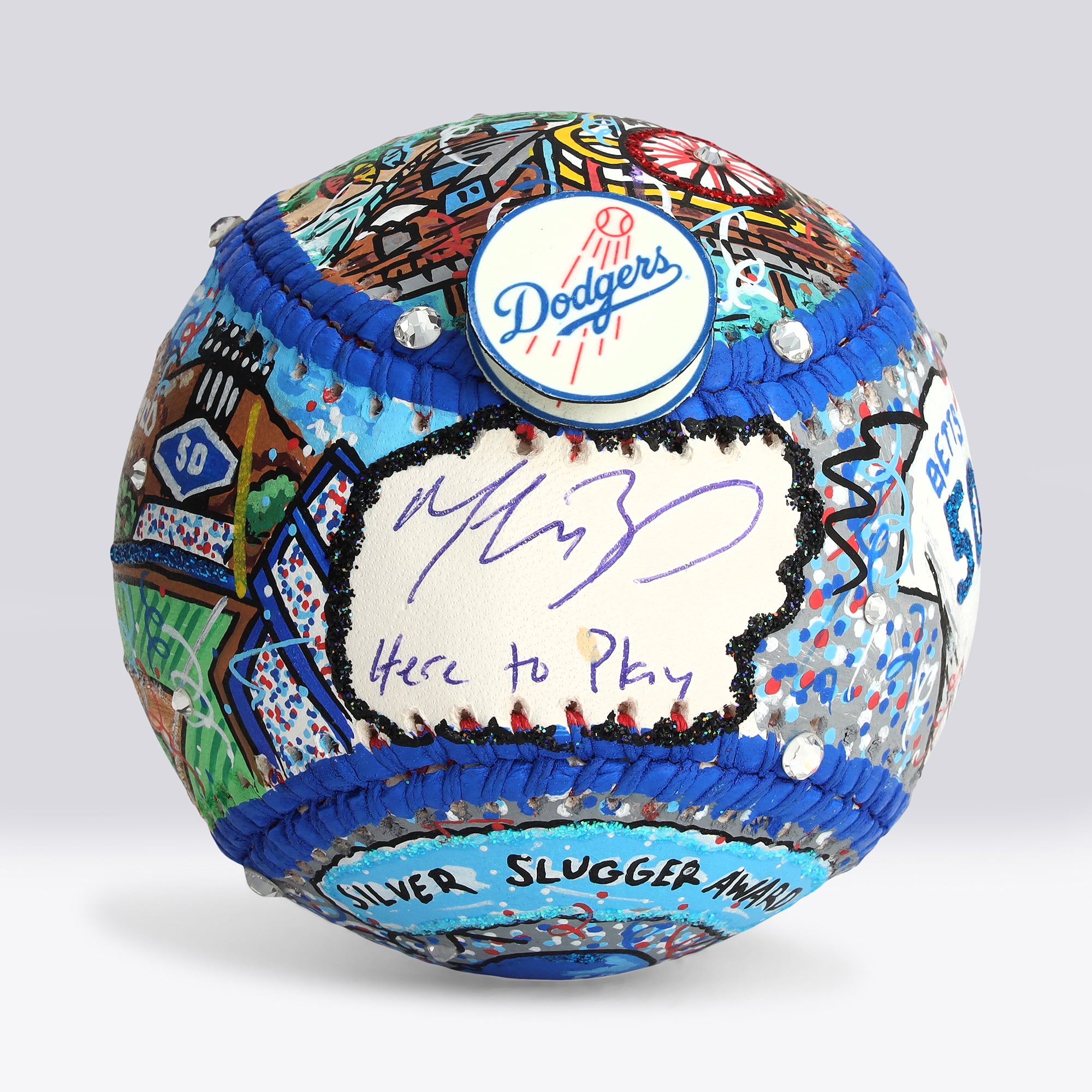 Mookie Betts Los Angeles Dodgers Autographed Baseball with "Here To Play" Inscription - Art by Charles Fazzino - NF70445970