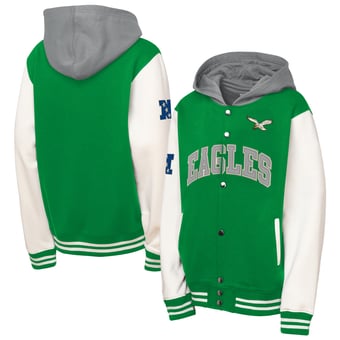 Youth Mitchell & Ness Kelly Green Philadelphia Eagles Court Side Fleece Full-Snap Hooded Jacket