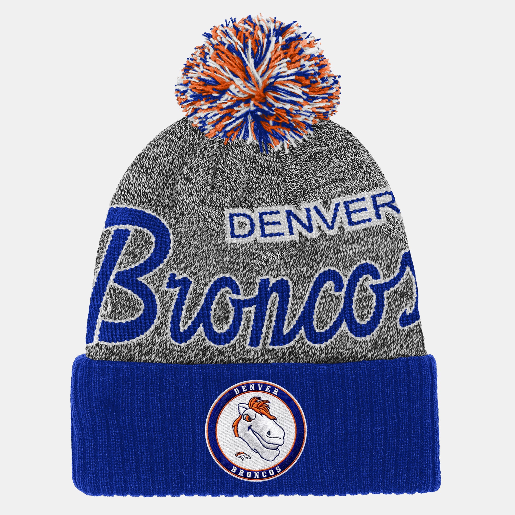 Youth Mitchell & Ness Navy Denver Broncos Cuffed Knit Hat with Puff