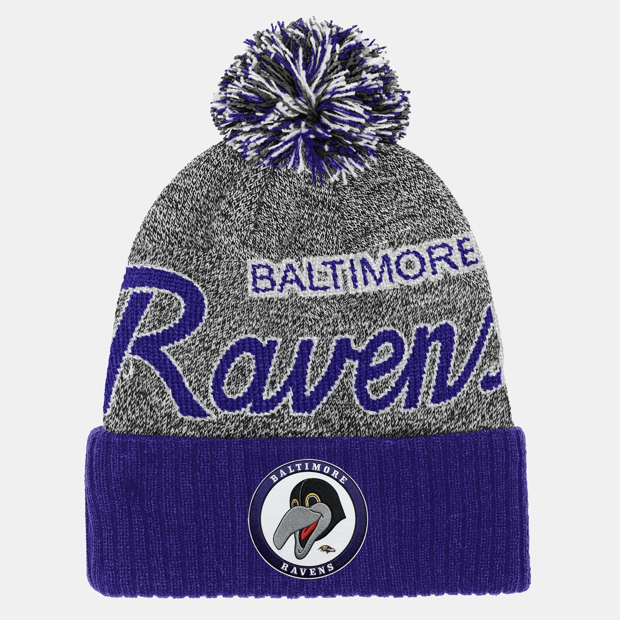 Youth Mitchell & Ness Purple Baltimore Ravens Cuffed Knit Hat with Puff