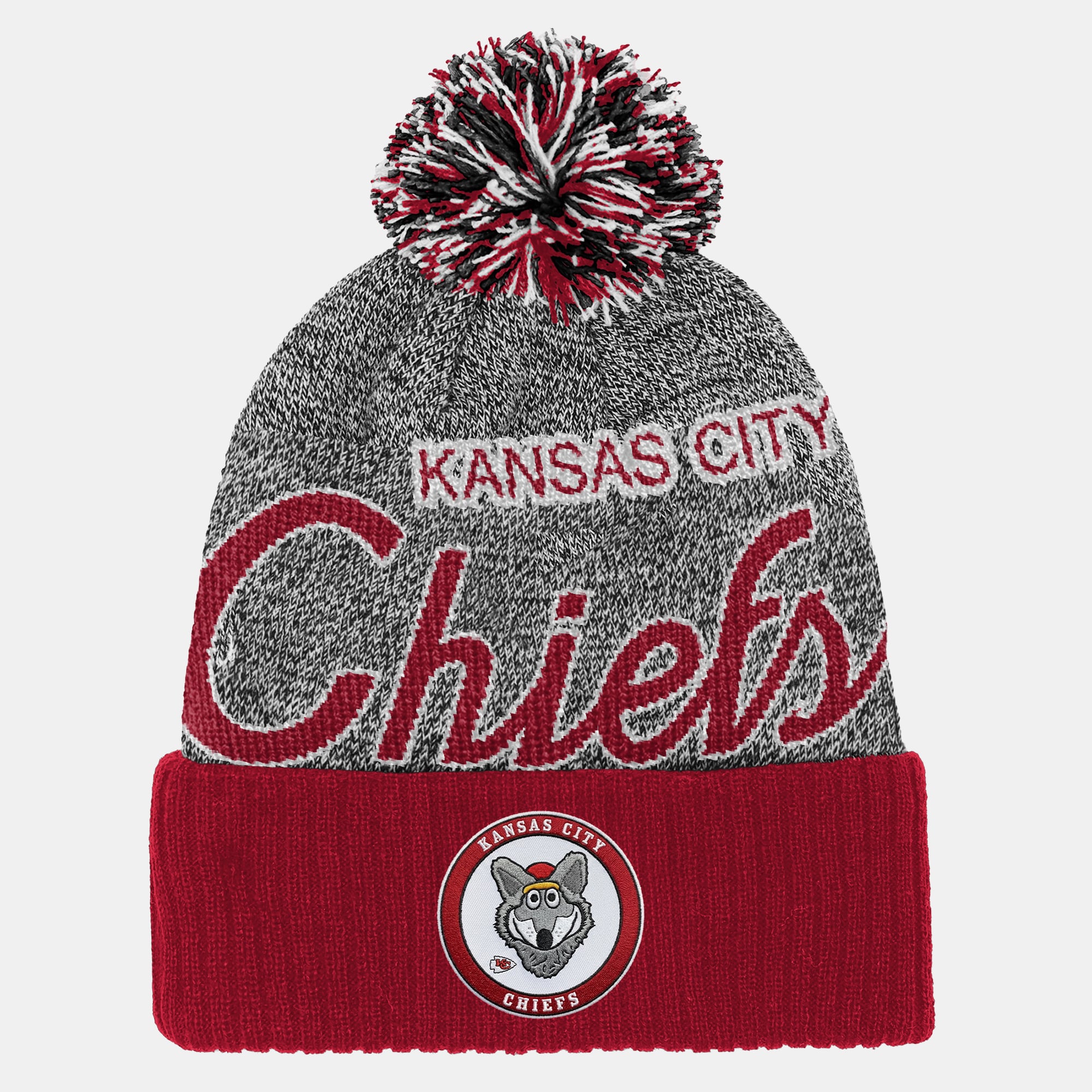 Youth Mitchell & Ness Red Kansas City Chiefs Cuffed Knit Hat with Puff