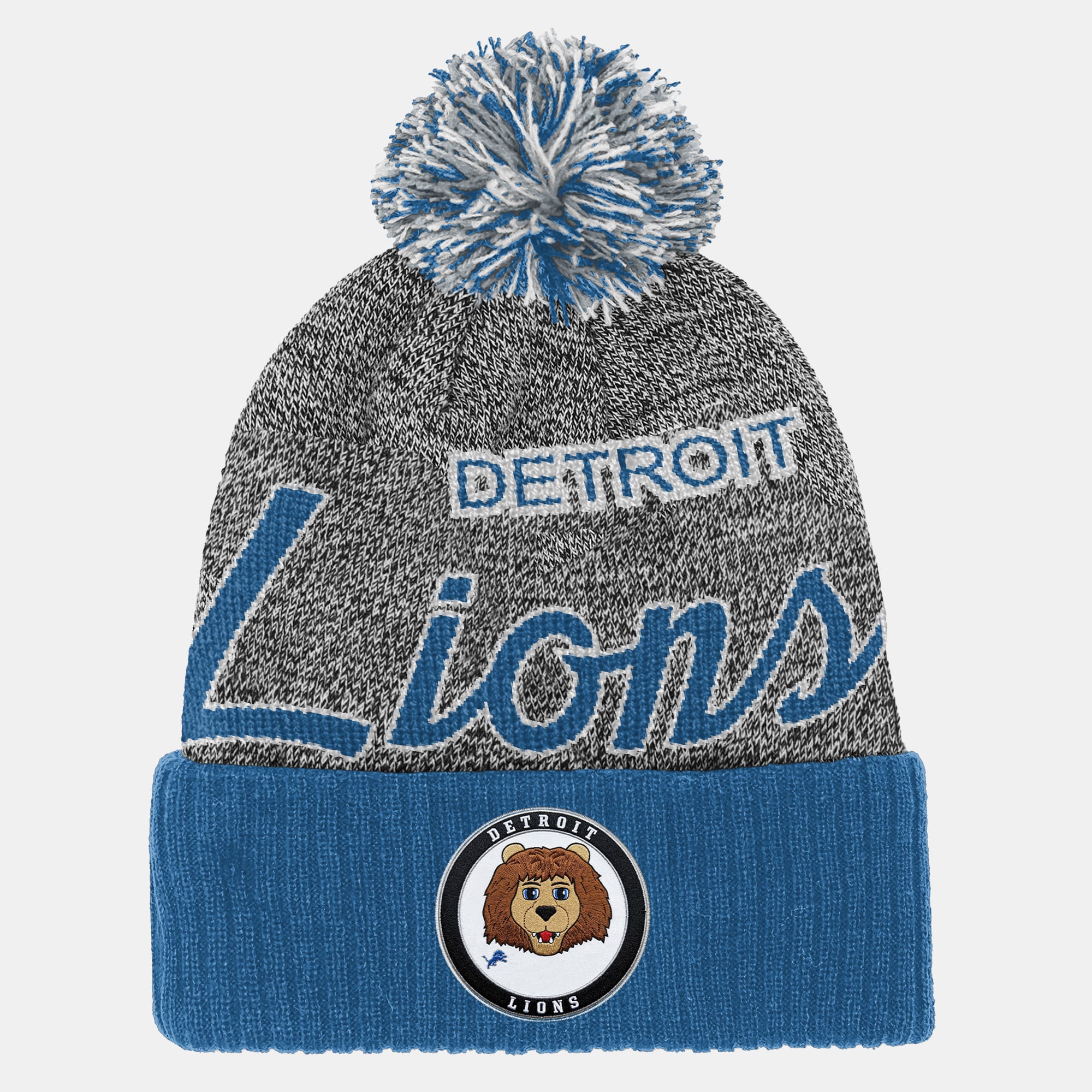 Youth Mitchell & Ness Light Blue Detroit Lions Cuffed Knit Hat with Puff