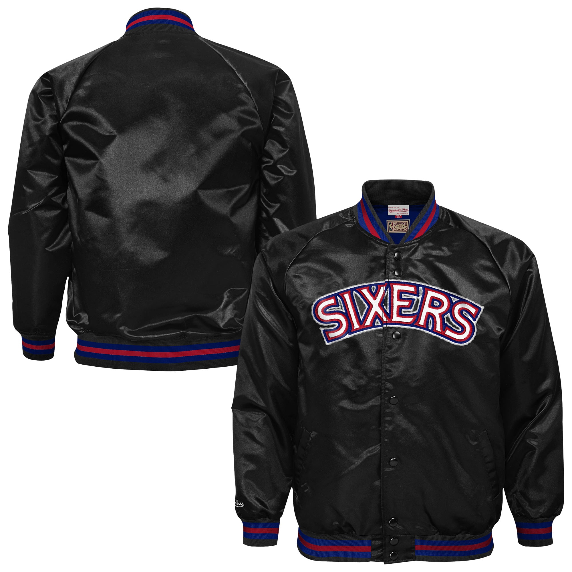 Youth Mitchell & Ness Black Philadelphia 76ers Lightweight Satin Raglan Full-Snap Jacket