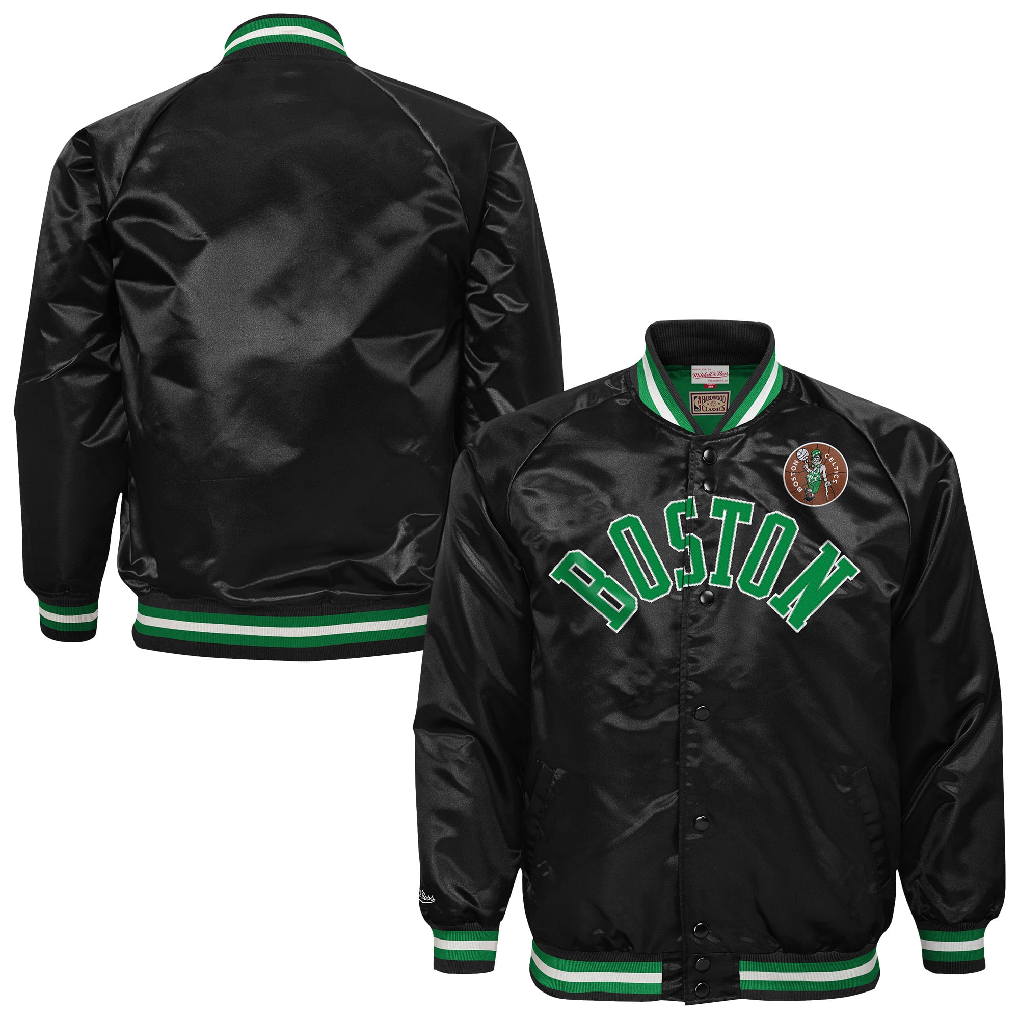 Youth Mitchell & Ness Black Boston Celtics Lightweight Satin Raglan Full-Snap Jacket