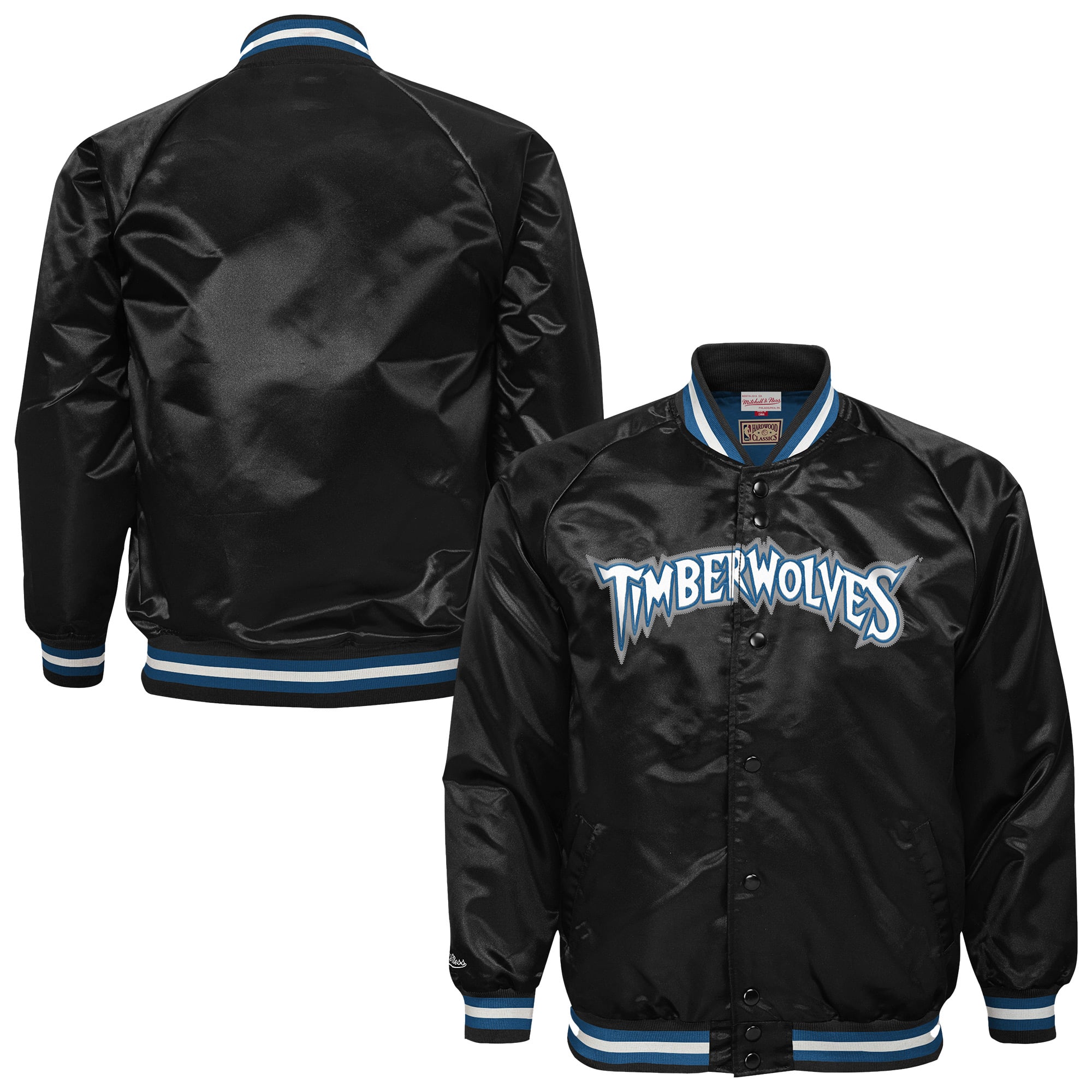 Youth Mitchell & Ness Black Minnesota Timberwolves Lightweight Satin Raglan Full-Snap Jacket
