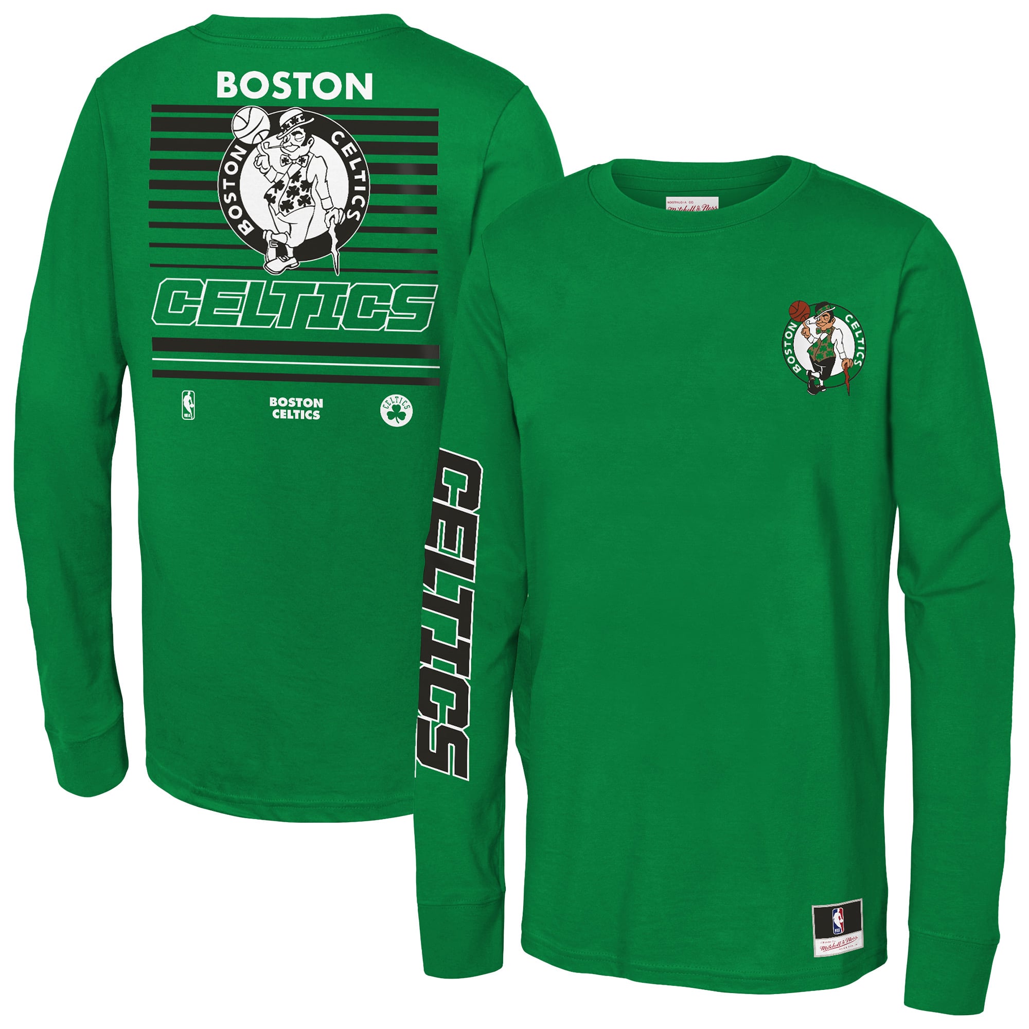 Youth Mitchell & Ness Green Boston Celtics Triple Play Long Sleeve T-Shirt