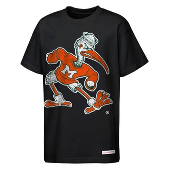 Youth Mitchell & Ness  Black Miami Hurricanes Mascot Big Face Heavyweight T-Shirt